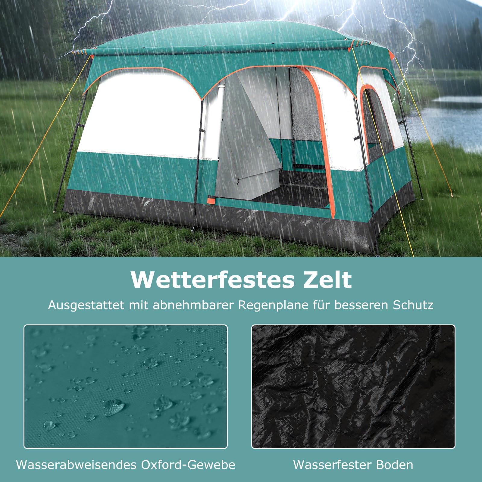 GYMAX Tunnelzelt 4-10 Personen, Wasserdicht 3000mm, Stehhöhe 1,8-2m, Camping Zelt mit 2 Eingänge, Vordach & abnehmbares Doppeldach, große Familienzelt für Camping, Reise & Trekking