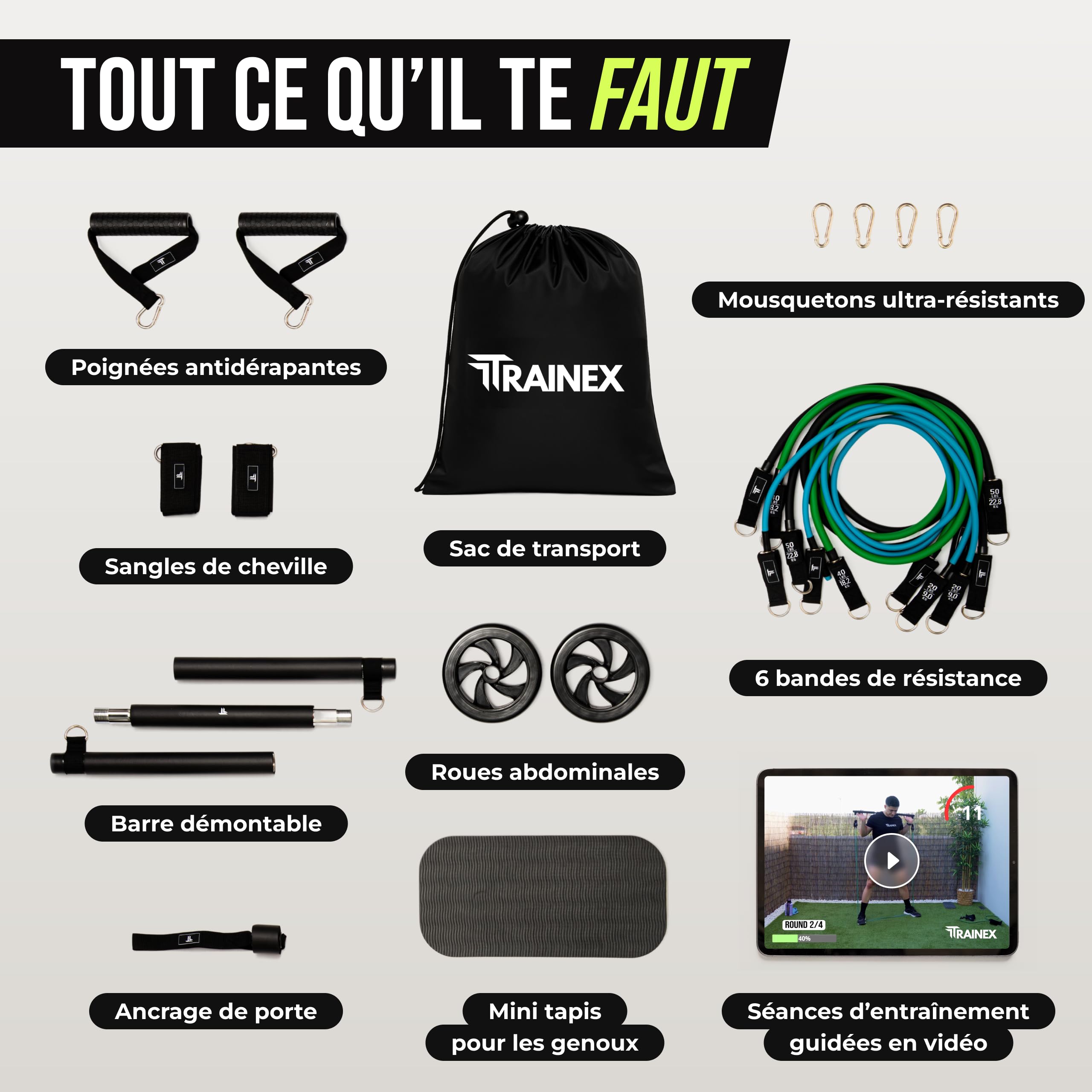 Élastiques de Musculation avec Barre | Bandes de résistance Jusqu’à 100 kg | Kit Musculation Maison Compact | Entraînement Efficace à Domicile | TRAINEX