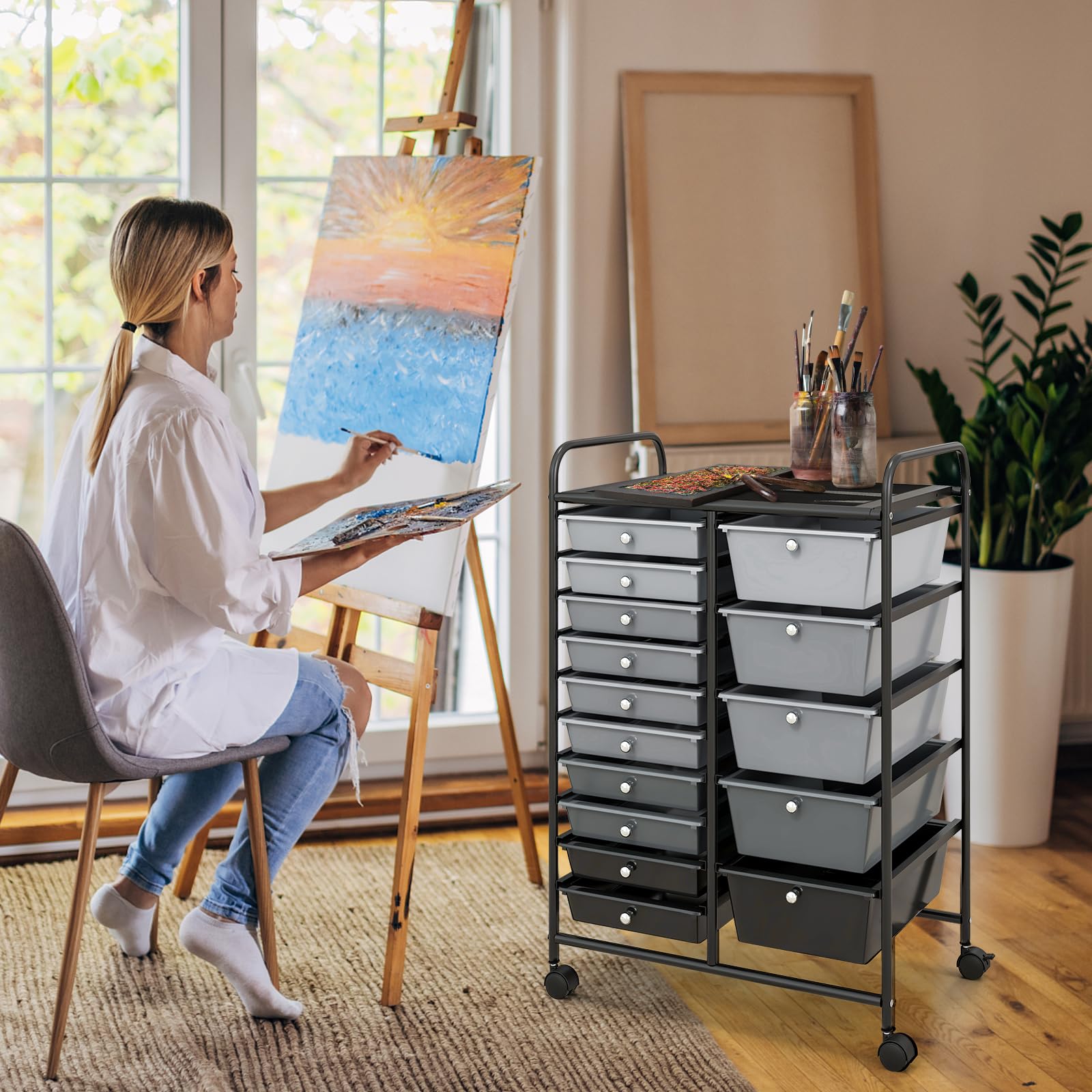 GIANTEX Carrelli Porta Oggetti, con 10+5 Cassetti Impilabili, 2 Ruote Bloccabili, Braccioli Metallici, Portabile e Pratico, per Ufficio, Studio, Cucina,Bagno, 5 Colori Disponibili, 62,5x37x87 cm