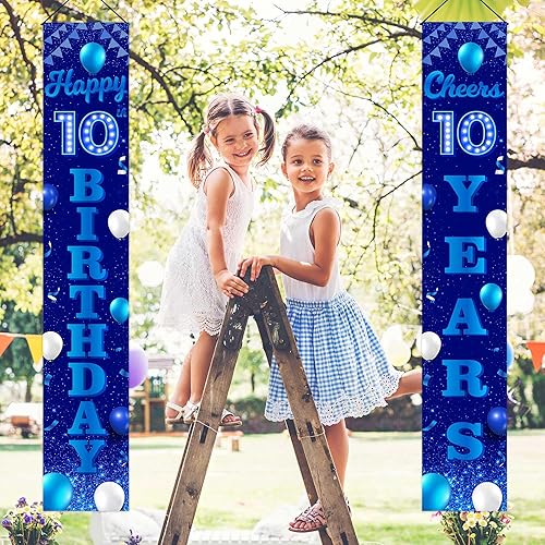 Miniatura 7 de Cartel de feliz cumpleaños número 10 color azul y negro, decoración temática de globos de confeti para niñas de 10 años, suministros de cumpleaños,