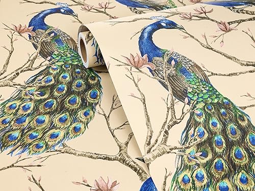 Miniatura 6 de FunStick Vintage Green Blue Peacock Wallpaper Peel and Stick Chinoiserie Beige Floral Branches Bird Wallpaper for Bedroom Bathroom Waterproof Self