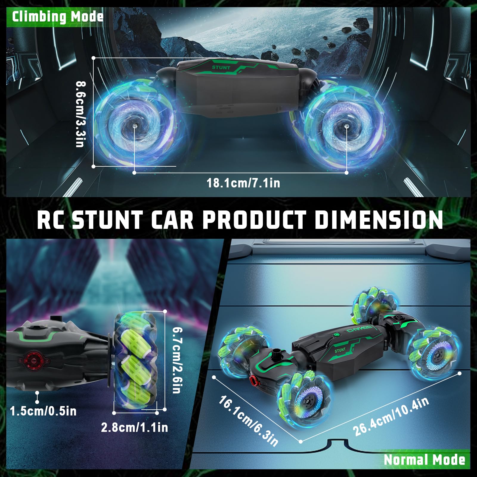 Yellcetoy Macchina Telecomandata con Musica e Luce, 2.4GHz 4WD Auto Telecomandata Spray Drift Car RC Stunt Car Regalo per Bambini 6 7 8 9 10 11 12 anni Verde