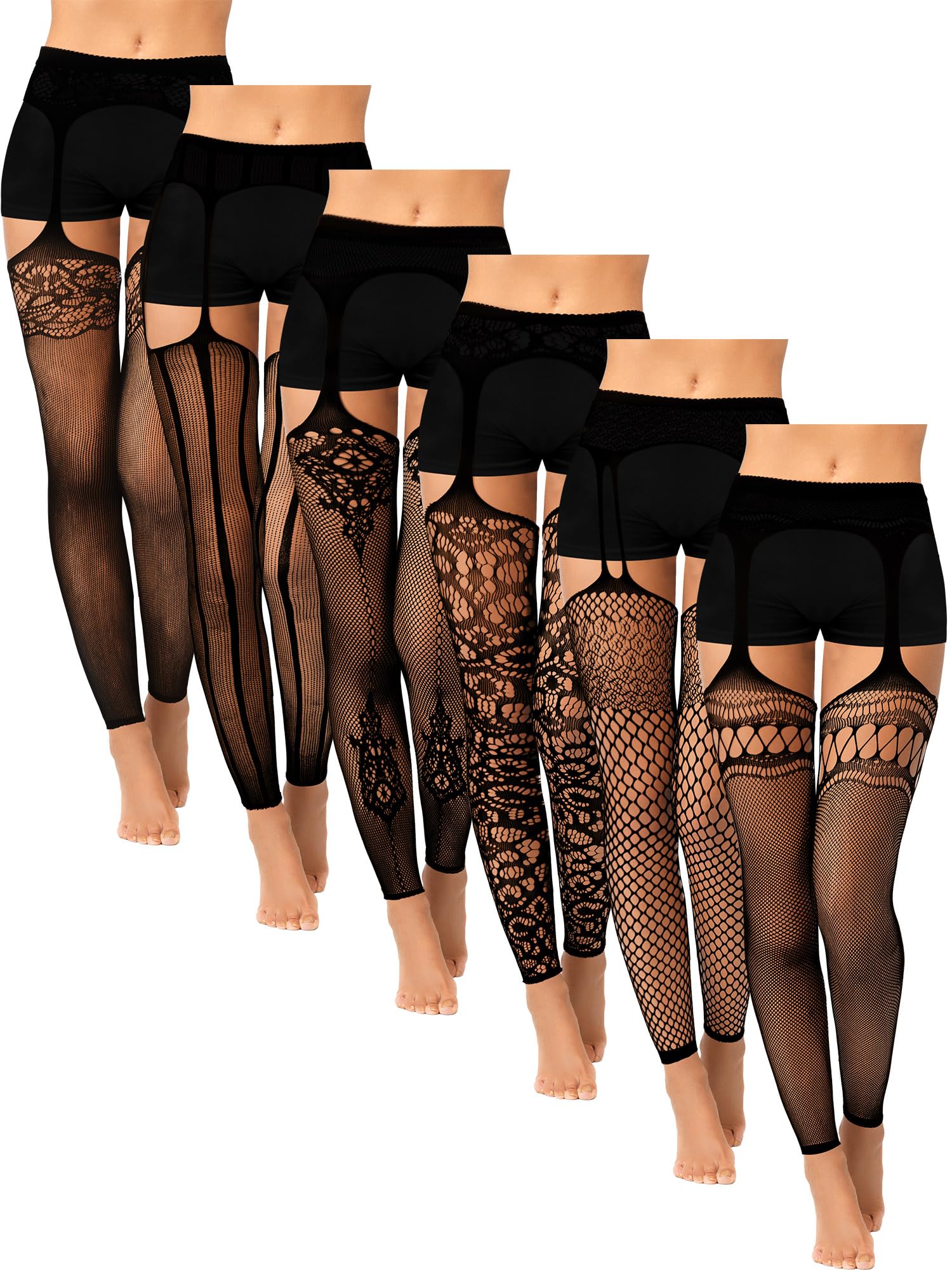 Skylety 6 Pairs Fishnet Stockings for Women Plus Size Thigh-high Tights Stockings Suspender Pantyhose Garter Belts