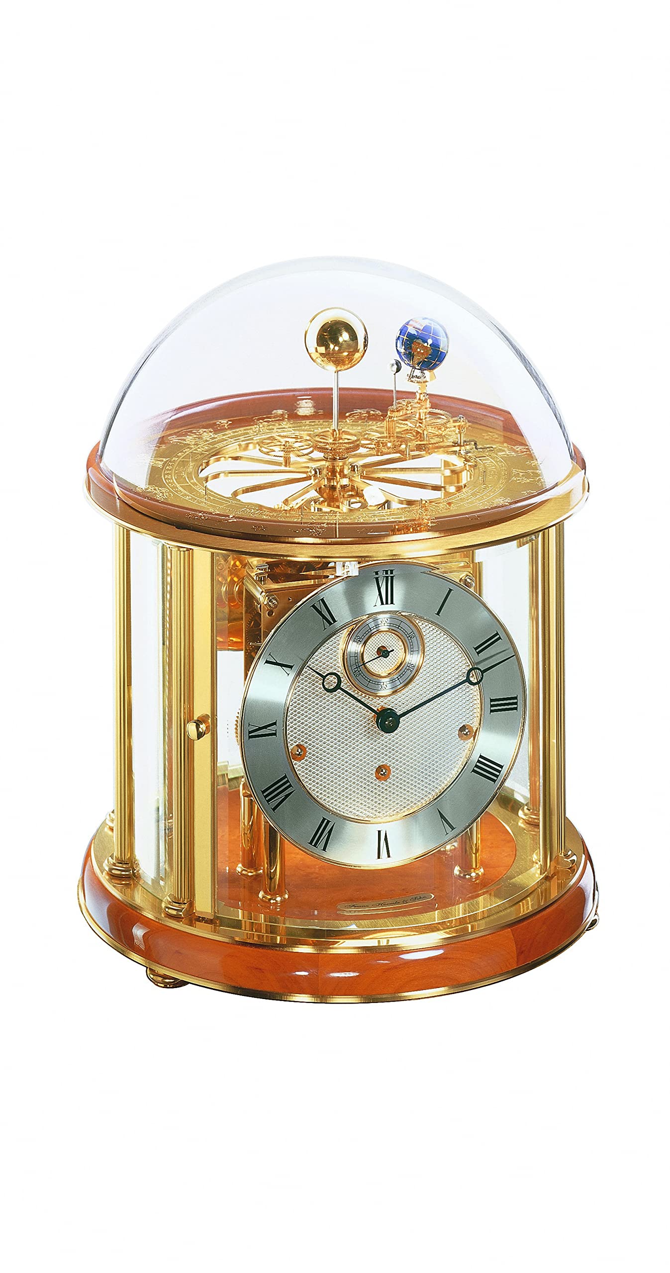 Hermle Tellurium I astronomical clock with cherrywood finish, showing the sun, earth, and moon mechanism.