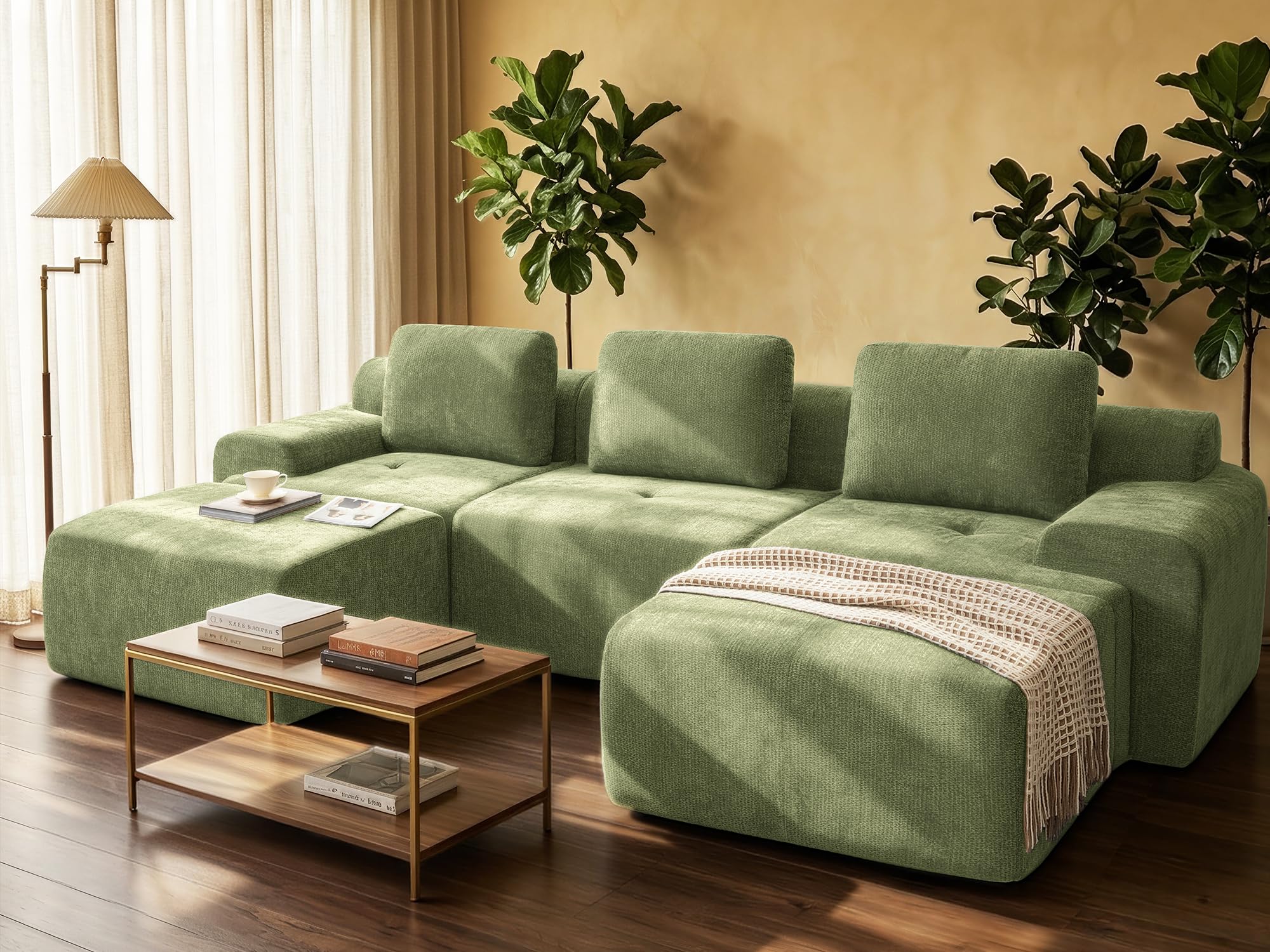 122" U Shaped Oversized Boneless Couch, Comfort Cloud Sectional Couches for Living Room, Modular Sofa High Back &amp; Extra Deep Seat, No Assembly, Chenille(Olive Green, 122 inch-U Shaped（3+2）)