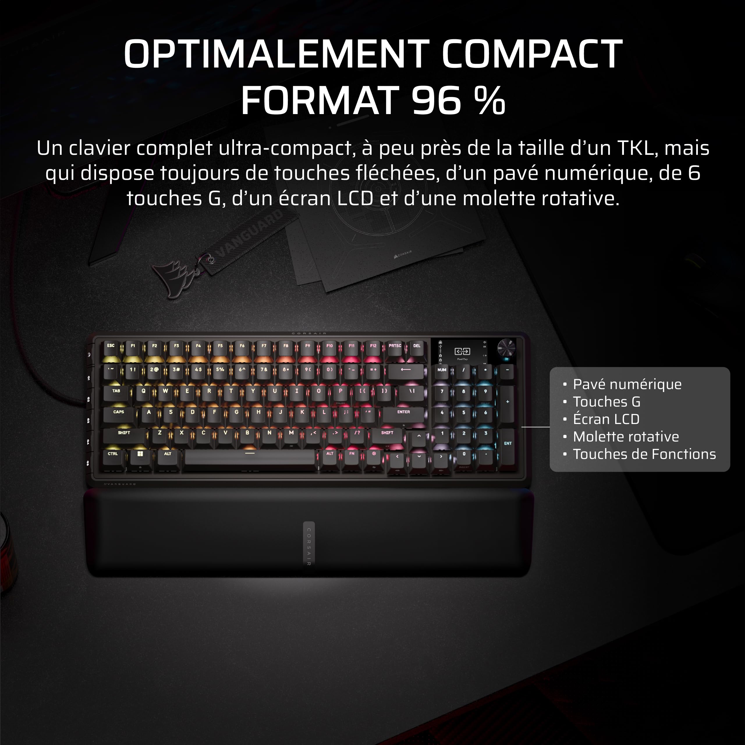Corsair Vanguard Pro 96 Hall Effect Clavier de Jeu Mécanique Filaire Noir | AZERTY FR, 96%, MGX Hyperdrive Commutateurs, Interrogation 8 000 Hz, Rapid Trigger, Stream Deck Virtuel, SOCD Flashtap