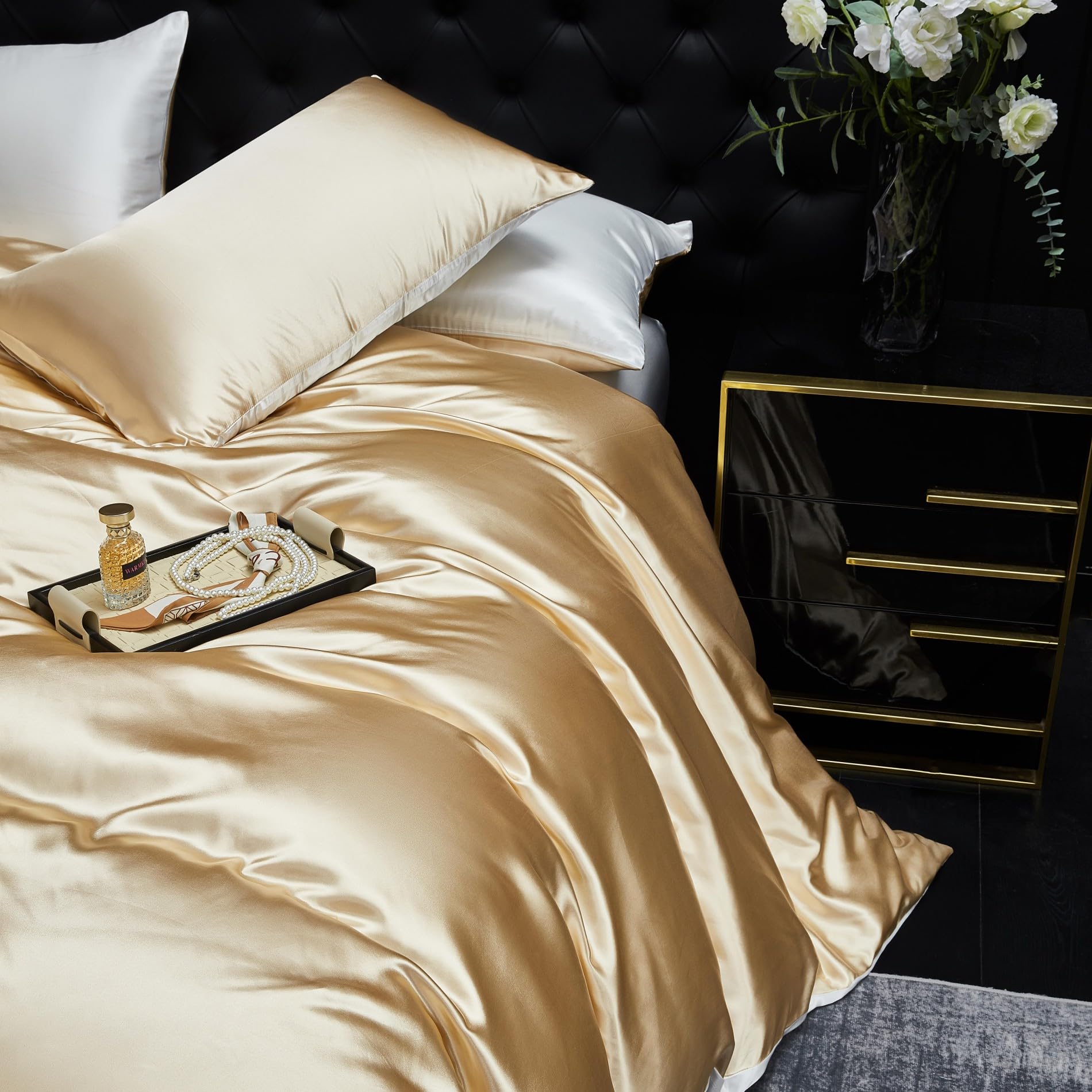 Ropa de cama de satén de 220 x 240 cm, reversible, color beige, dorado y blanco, funda nórdica de seda lisa y brillante, suave, sedosa, ropa de cama de 3 piezas con cremallera y 2 fundas de