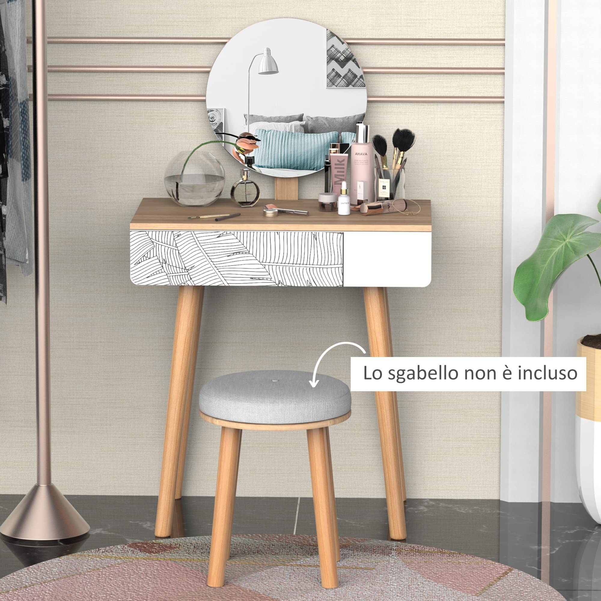 HOMCOM Postazione Trucco con Specchio Circolare Ф39cm, Toeletta Trucco con Cassetto con Decorazione Jungle, 70x39x119-128cm, Bianco e Rovere