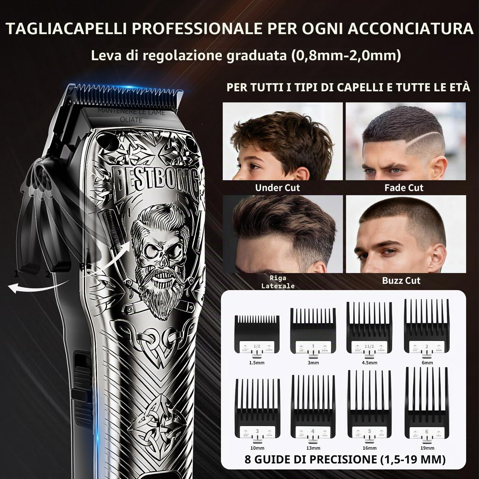 BESTBOMG - Tagliacapelli professionale senza fili per uomo, set e kit da barba, tagliacapelli in metallo con kit di toelettatura e lunga durata della batteria per uso familiare da barbiere (grigio)