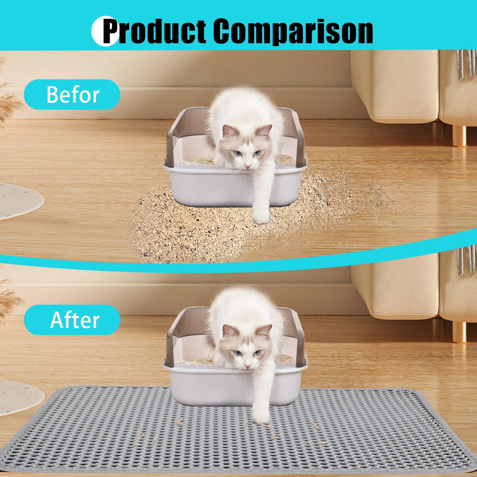 Cat Litter Mat, Kitty Litter Collector, Double Layered Honeycomb Design Waterproof, Anti Urine, Anti Slip, Easy to Clean, Limit Garbage (30"x24", Grey) - image 7