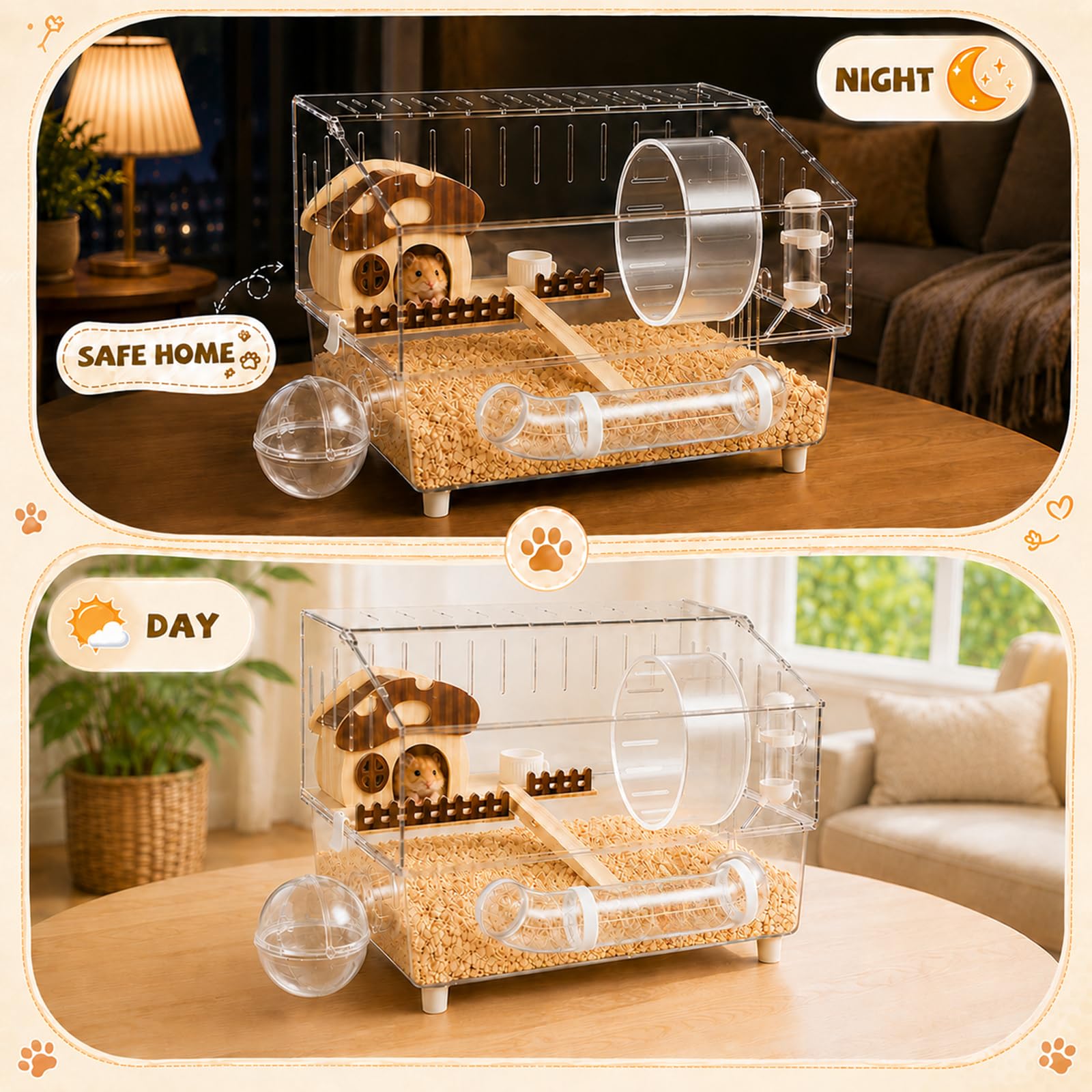 Grande cage à hamster en acrylique avec accessoires, habitat pour hamster à 2 couches avec roue d'exercice, tunnel et plate-forme, cage à souris transparente pour hamsters nains, gerbilles et petits