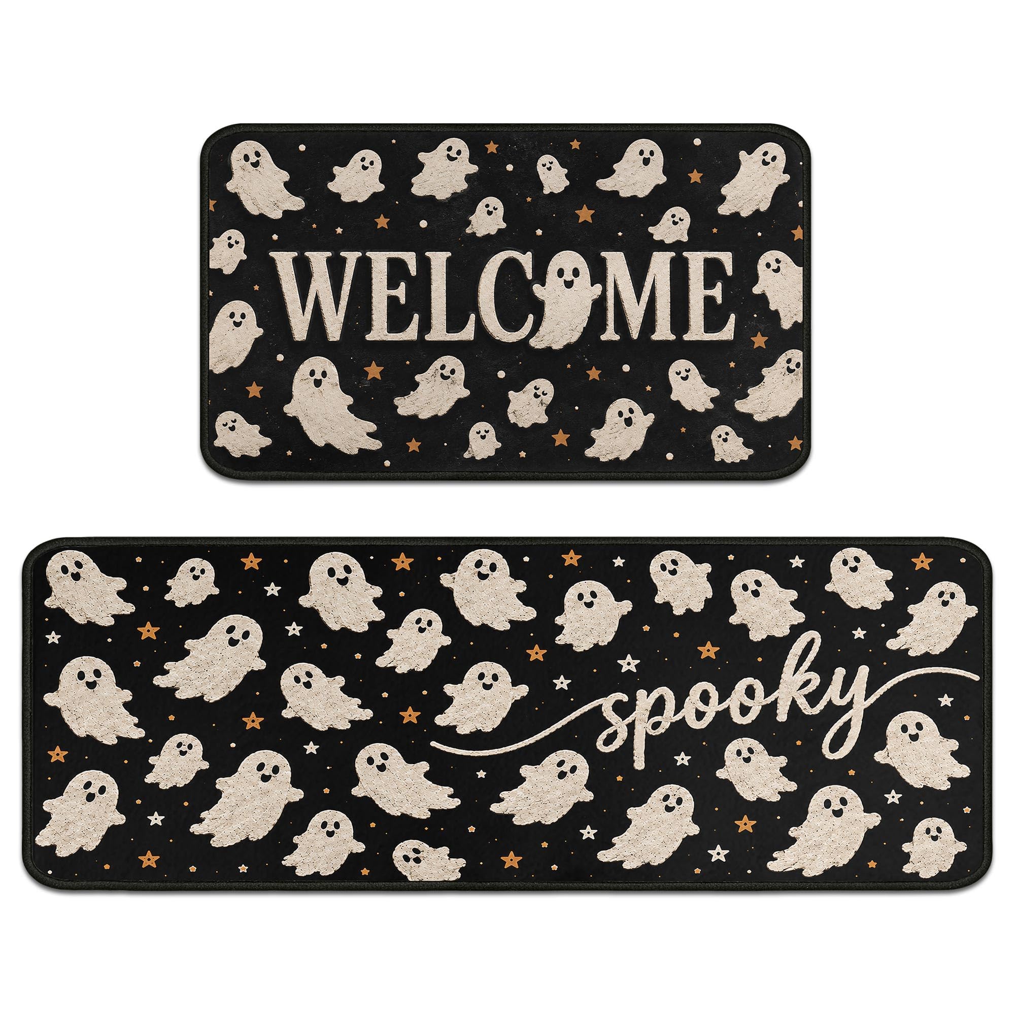 Putware Halloween Kitchen Mats for Floor, Halloween Decorations Non Slip Backing Halloween Kitchen Rug Set of 2 Low-Profile Mat Halloween Decor for Home Party (Welcome 2, 17"x47"+17"x30")