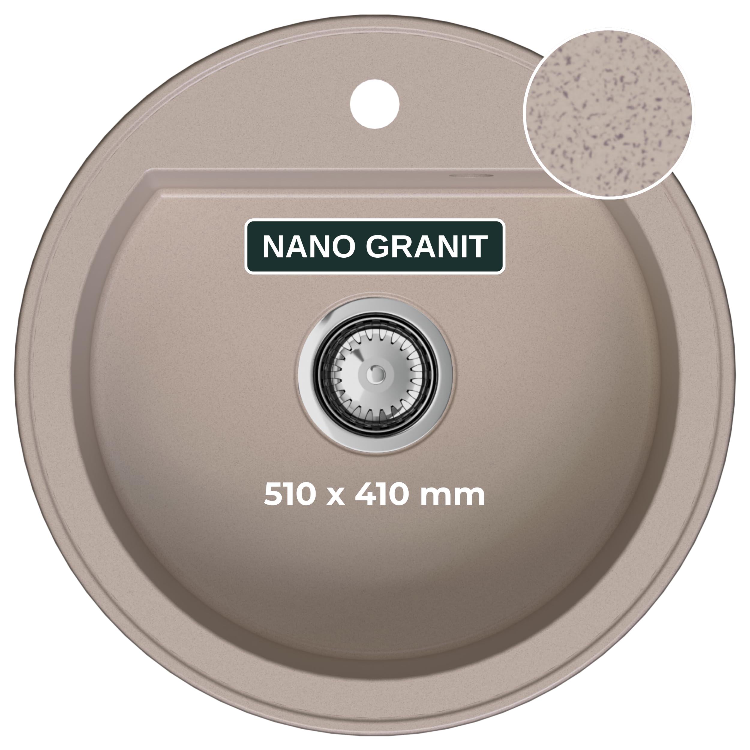 SINK QUALITY Évier rond beige Ø 51 cm – Siphon et imprégnant inclus – Évier de cuisine rond en granit – Évier en granit beige pour armoires basses à partir de 55 cm de largeur – Évier encastrable en