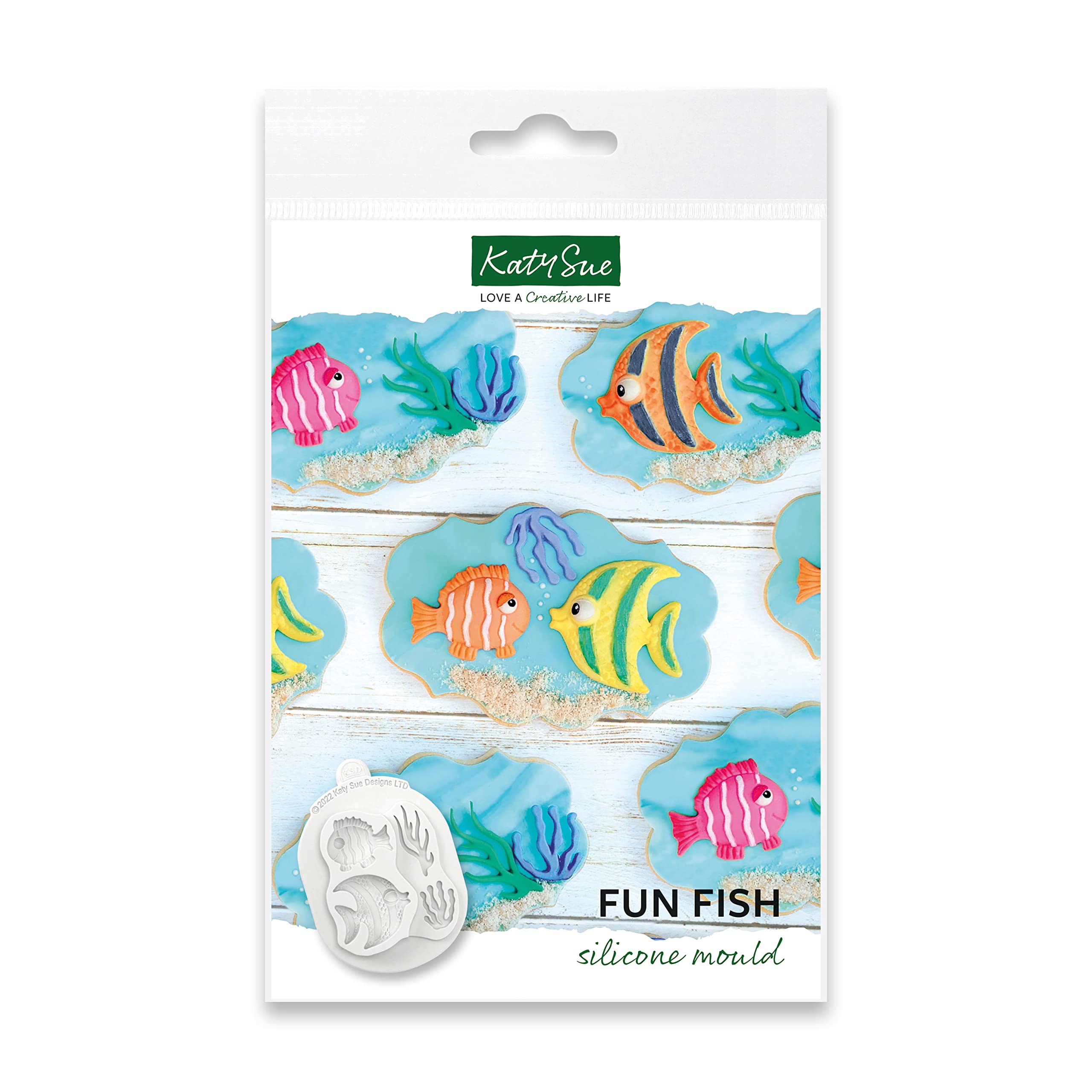Katy Sue Fun Fish Silicone Mould for Cake Decorating & Crafts. Makes 2 Tropical Fish Large 4.2 x 4cm & Small 3.6 x 3cm & 2 Corals Large 4 x 1.5cm & Small 2.5 x 2cms use with Fondant & Air Dry Clay