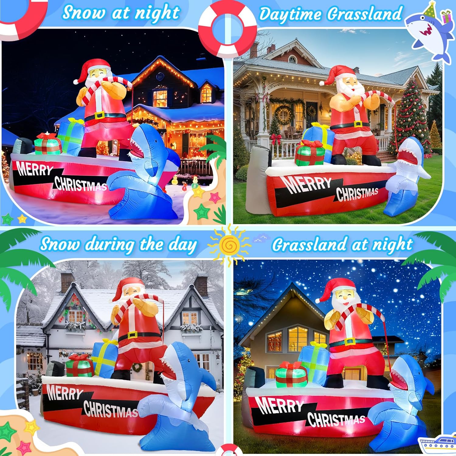 8 FT Christmas Inflatable Outdoor Decorations, Funny Inflatable Santa Claus Fishing Shark Boat with Built-in LEDs, Christmas Blow Up Yard Decorations for Xmas Party Garden Lawn Holiday Decor