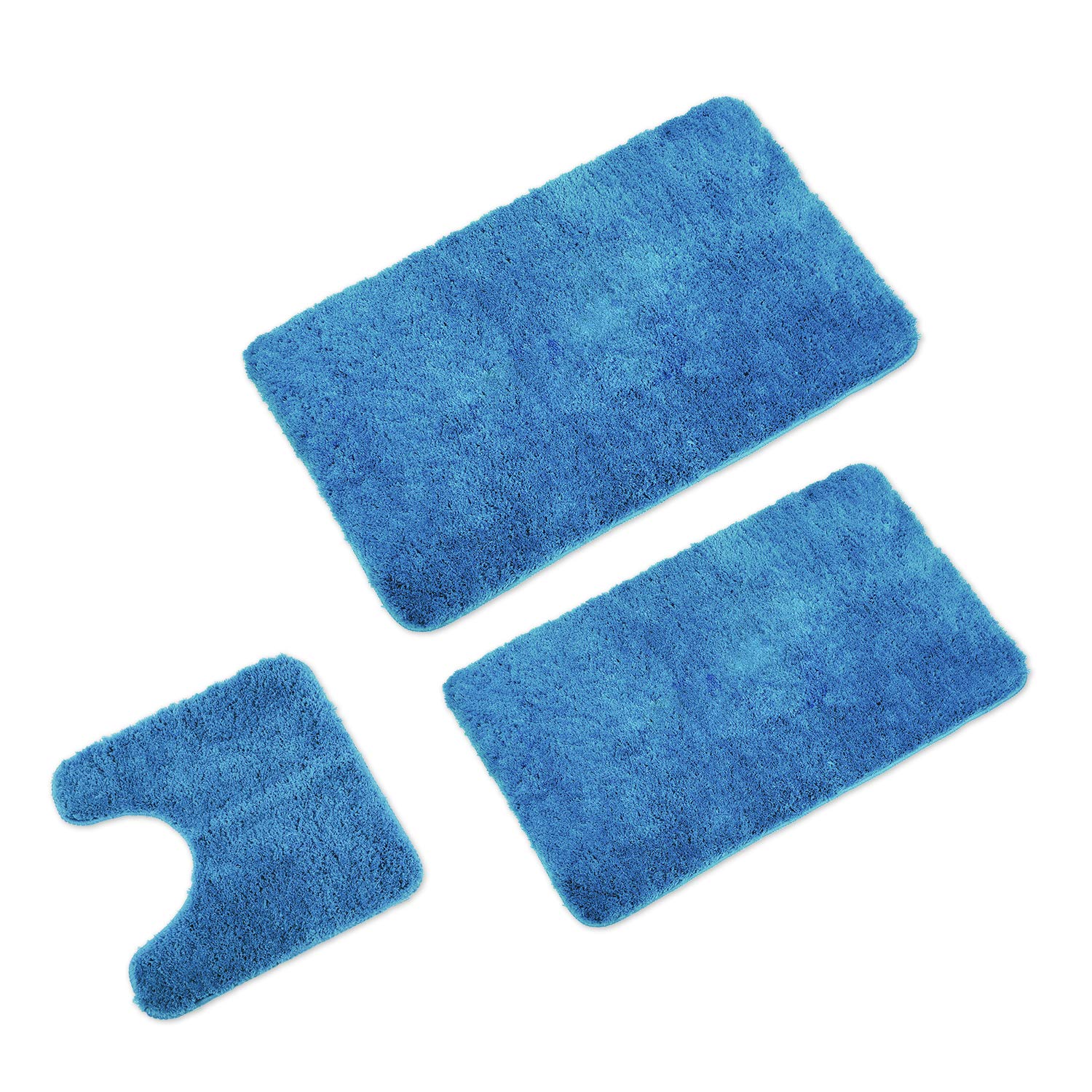 WohnDirect Alfombrilla de baño Conjunto - Alfombra baño Juego - Antideslizante - Lavable - Alfombra para el Cuarto de baño - Azul - 50 x 80 cm+ 60 x 100 cm + 45 x 45 cm con Recorte | Juego de alfombrillas de baño de pelo largo con cuello en U, con certifi