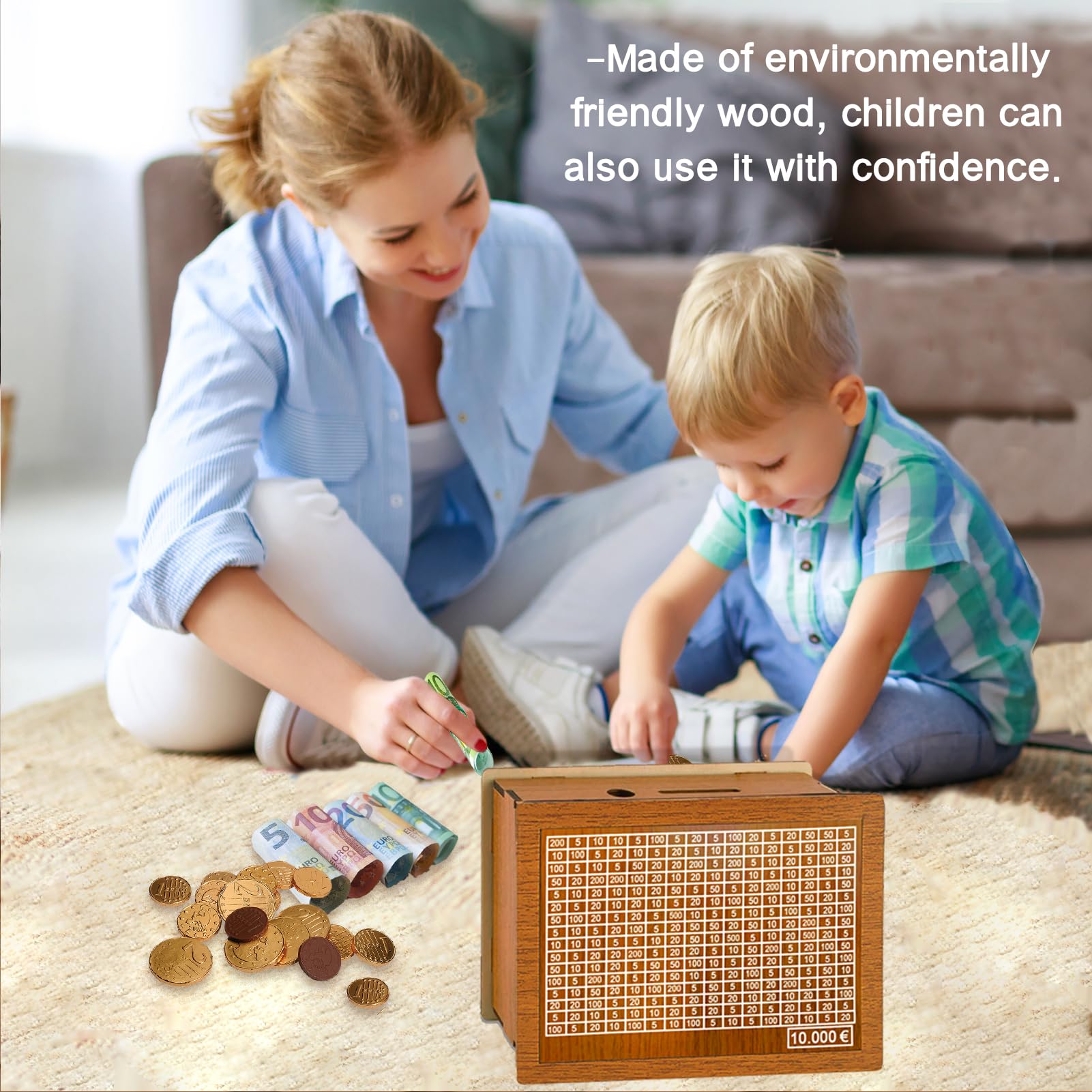 Salvadanaio In Legno Con Obiettivo Di Risparmio - Scatola Con Numeri Da Spuntare, Riutilizzabile