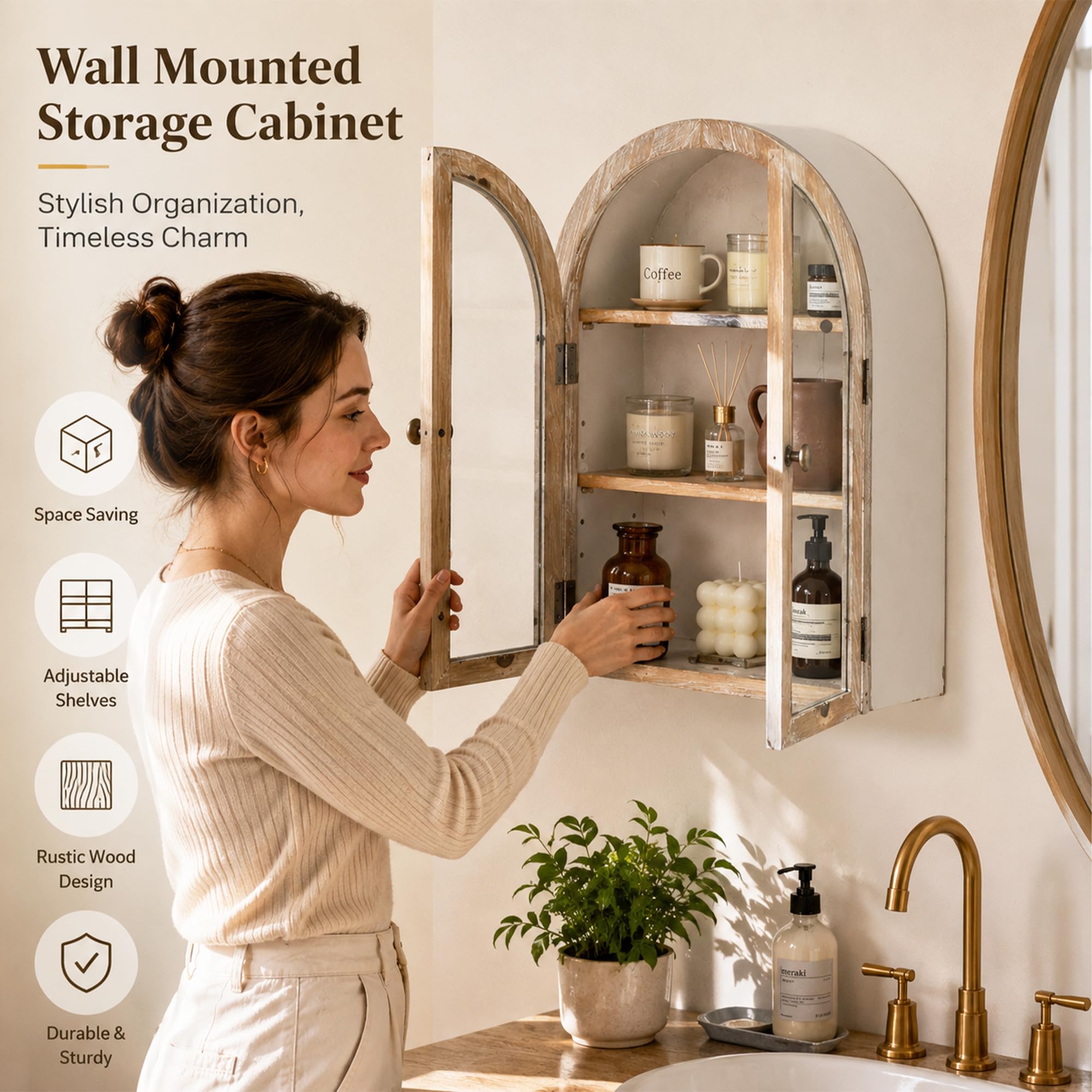 Armario de Pared Vintage con Puertas de Cristal y Estantes Ajustables