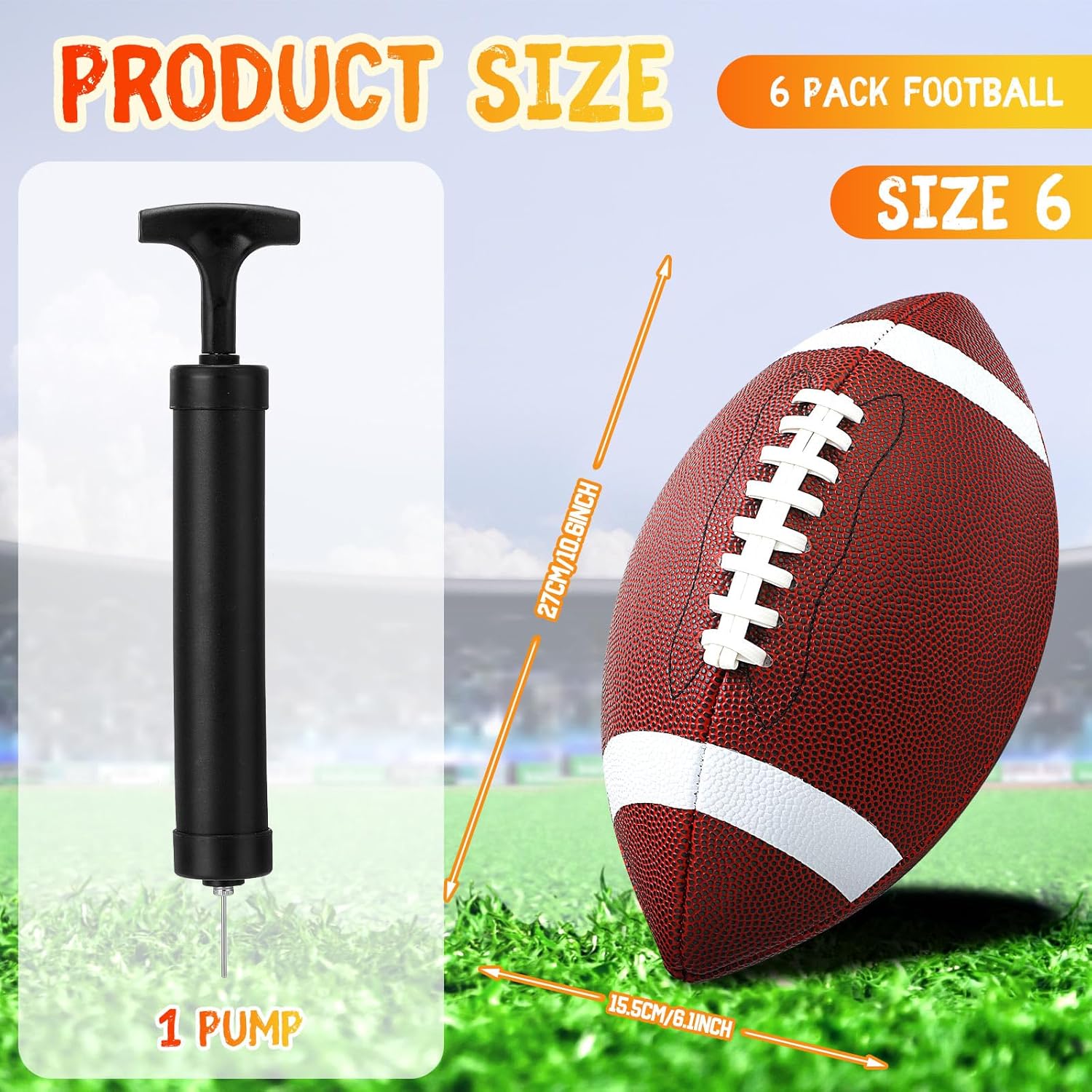 Jerify 6 Pcs Composite Leather Footballs Bulk Official Size 6 Inflatable Football with Pump for Youth Indoor Outdoor Football Training and Recreational Play