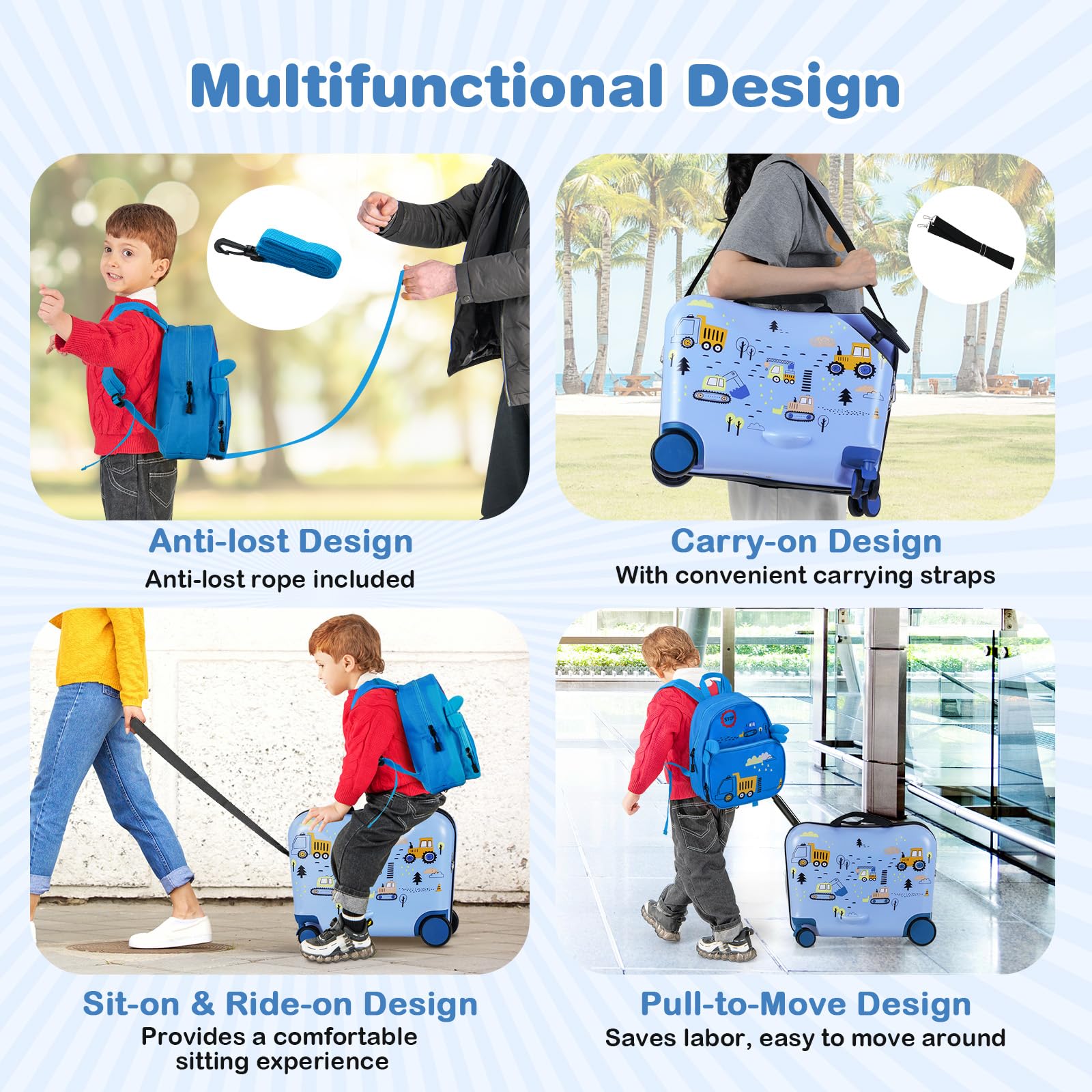 DREAMADE Kinderkoffer zum Draufsitzen, 2 TLG. Kinderkoffer mit Rucksack, Kindergepäck Trolley zum Reisen, Reisetrolley Kinder Trolley Set (18 Zoll +12 Zoll,Blau-Bagger)