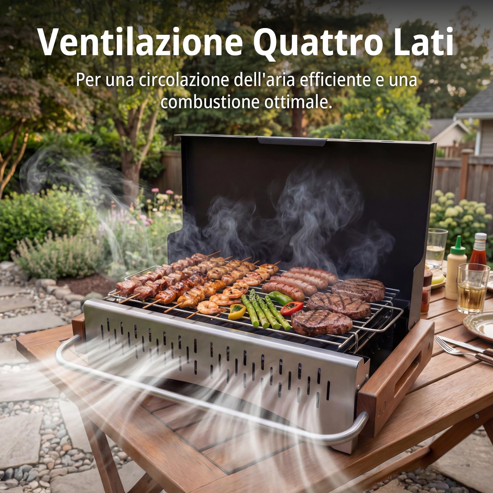 Barbecue a carbonella portatile con set utensili, griglia pieghevole 38,15 x 20,95 cm, montaggio senza attrezzi, regolabile 2 livelli, ideale balcone campeggio giardino