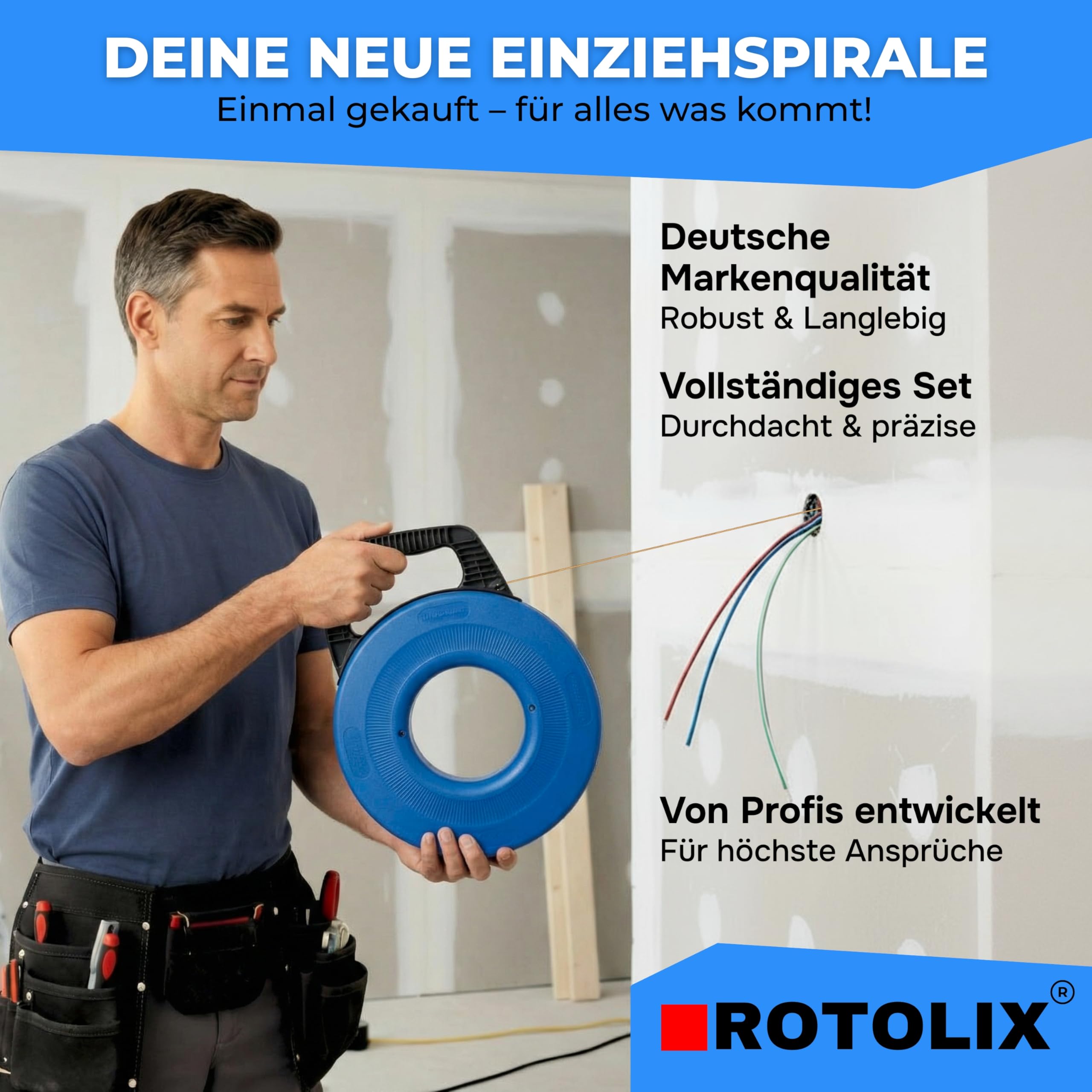 Kabeleinziehhilfe – Einziehspirale, 30m Kabel Einzugshilfe für Leerrohr mit Premium-STAHL-Seil & 200 KG Zugkraft | Einziehhilfe – Zugdraht für Elektro & Glasfaser