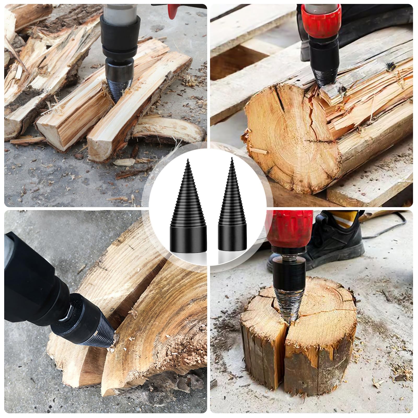 Punta Spaccalegna per Trapano, 32mm+42mm Cono per Vite Spaccalegna con 4 Manici per Trapano, spaccalegna Cono di Legno, trapano perTaglialegna Casa