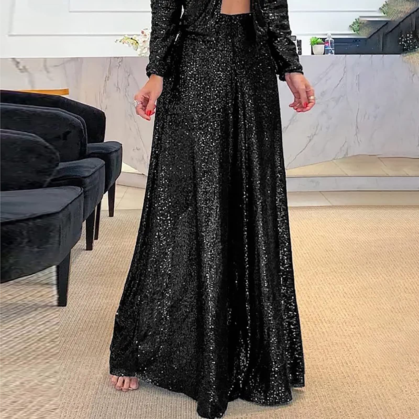 Generico Pantaloni Eleganti Donna Giacca Paillettes Zampa vestibilità Comoda Completo Gamba Elegante Glitterati Culotte Elasticizzati Pantalone Extra Lunghi A Vita Alta