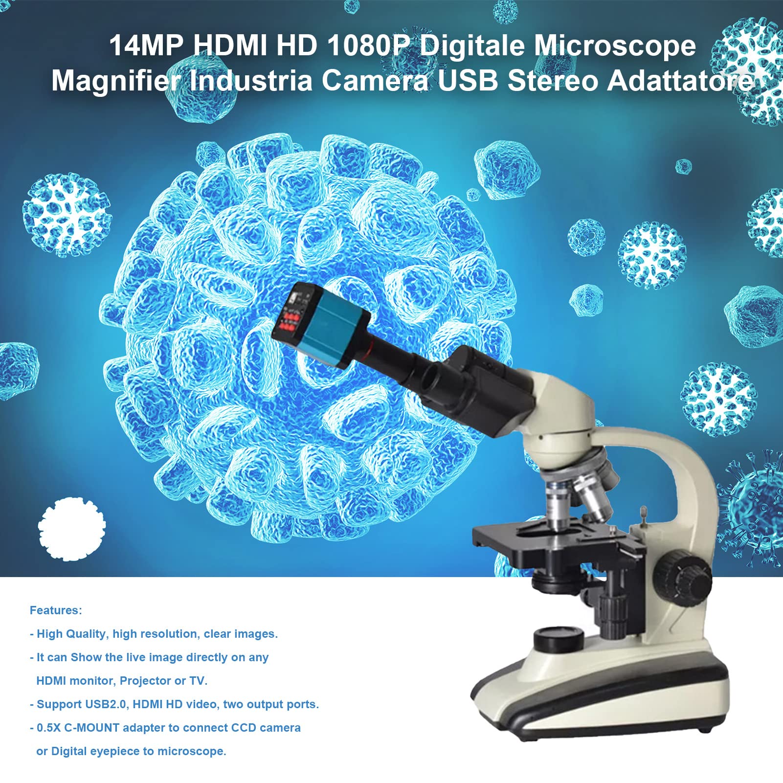 BuyWeek Cámara de Microscopio Digital Endoscopio de Aumento, 14MP HDMI HD 1080P Industrial con Adaptador de USB (Enchufe de la UE)