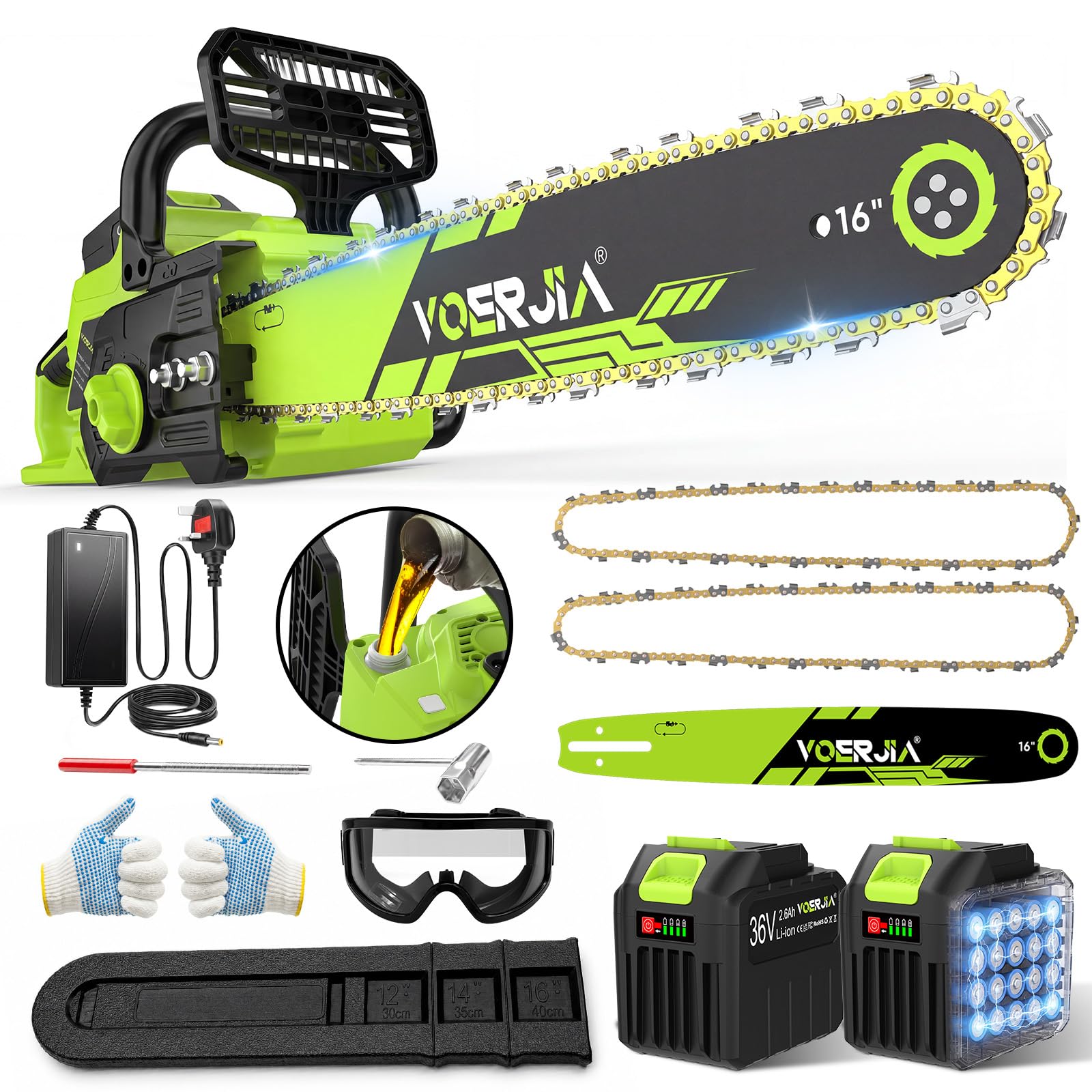VOERJIA 16 Inch Cordless Chainsaw, 36V 2300W Brushless Battery Powered Chain Saw with 2 Batteries, Auto Oiler, Tool-Free Tension, 18m/s Chain Speed for Firewood Cutting and Tree Pruning