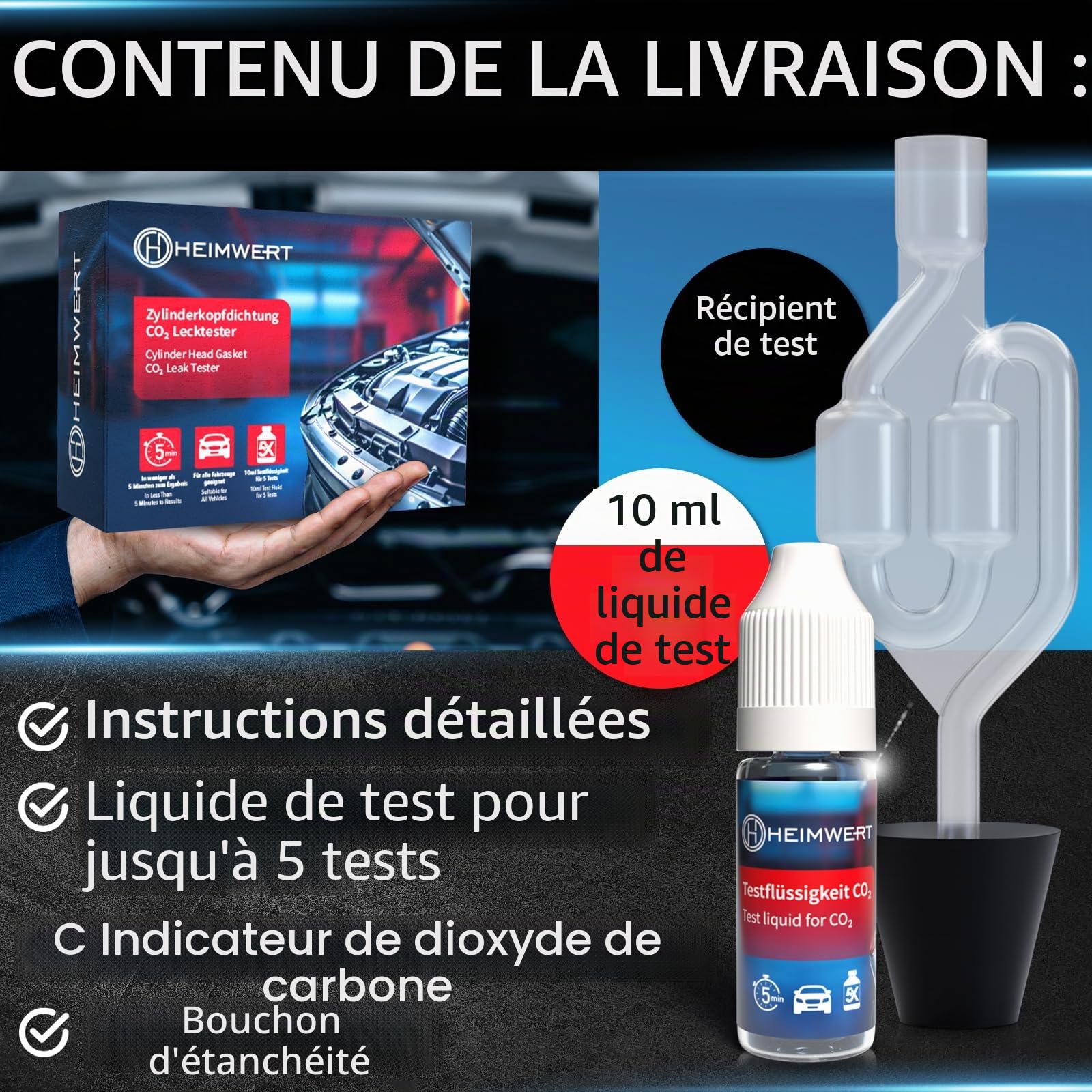 Heimwert Testeur de Joint de Culasse Sans Vis, Test de Fuite de Liquide de Refroidissement Extrêmement Bon Marché et Fiable par Changement de Couleur, Testeur de CO2, Eau de Refroidissement et Culasse