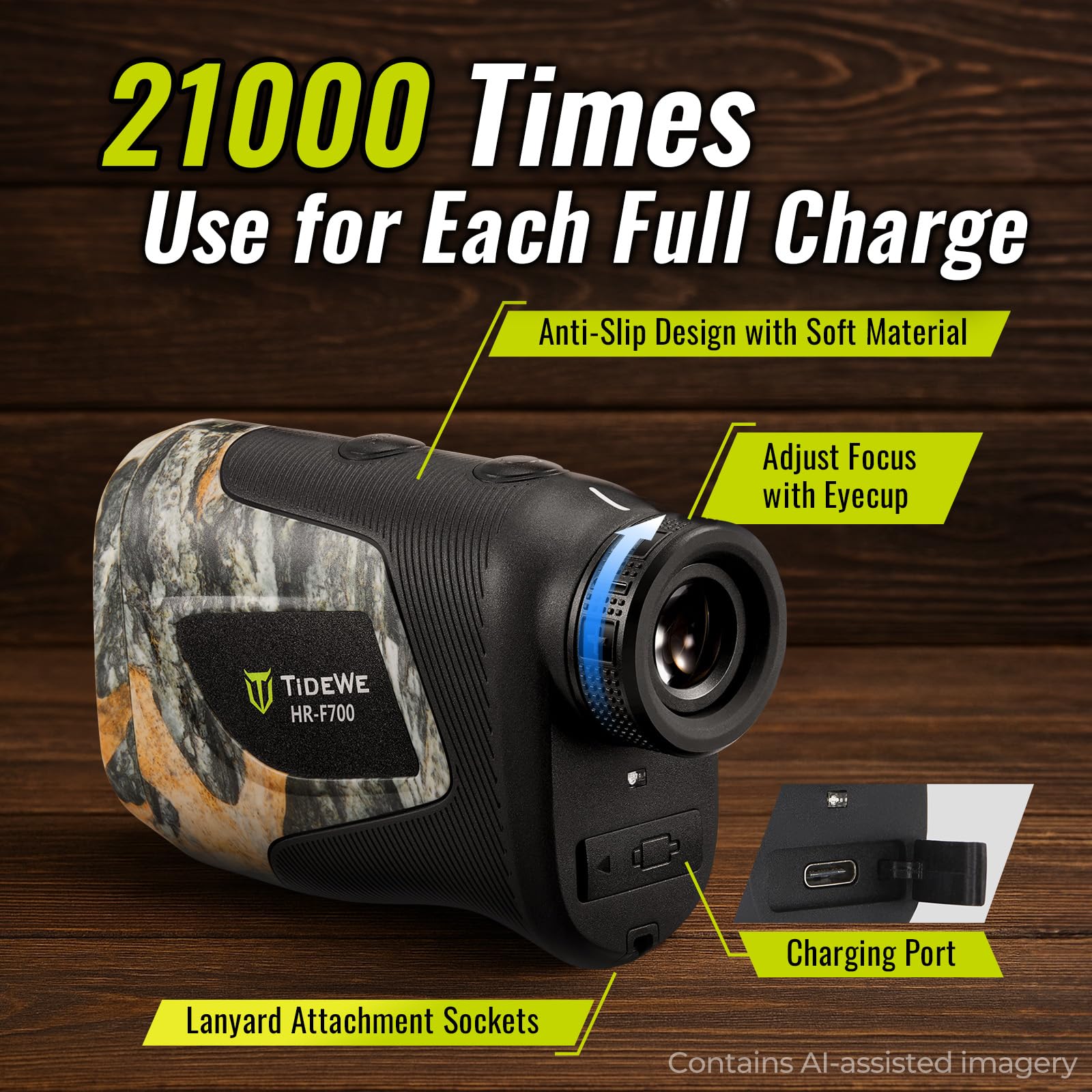 TIDEWE Télémètre de chasse avec batterie rechargeable, télémètre laser camouflage 700/1000Y, grossissement 6x, distance/angle/vitesse/balayage multifonction étanche avec étui