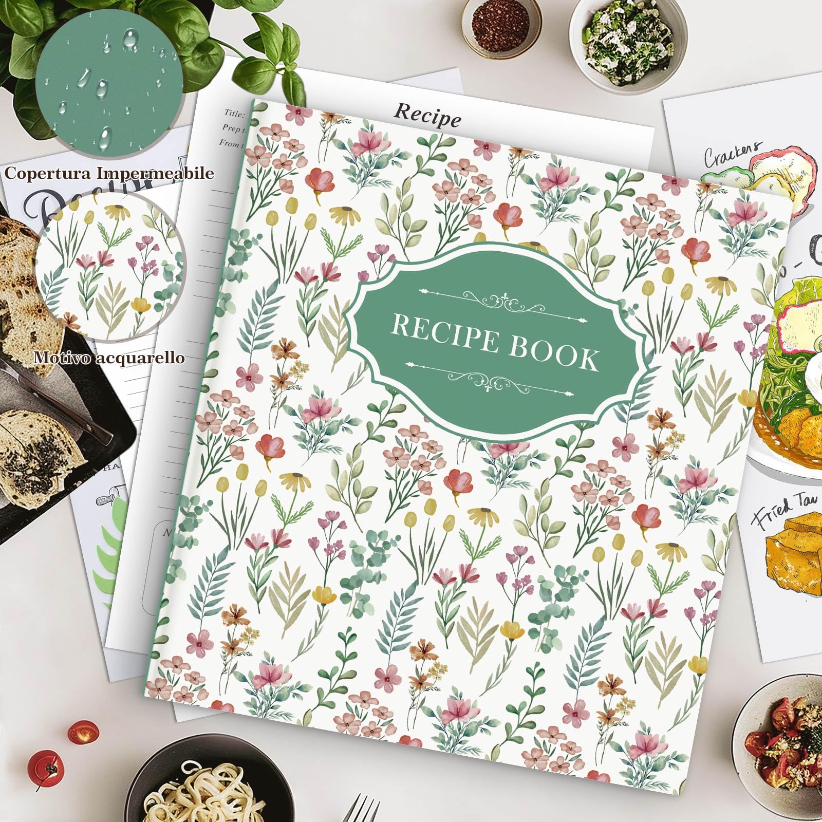 Lanpn Raccoglitore per Ricette, libro Ricettario a 3 Anelli Quaderno per Ricette da Scrivere con 8 Divisori & 2 Adesivi, Recipe Binder Cook Book Journal to Write in Your Own Recipes, Verde, Inglese