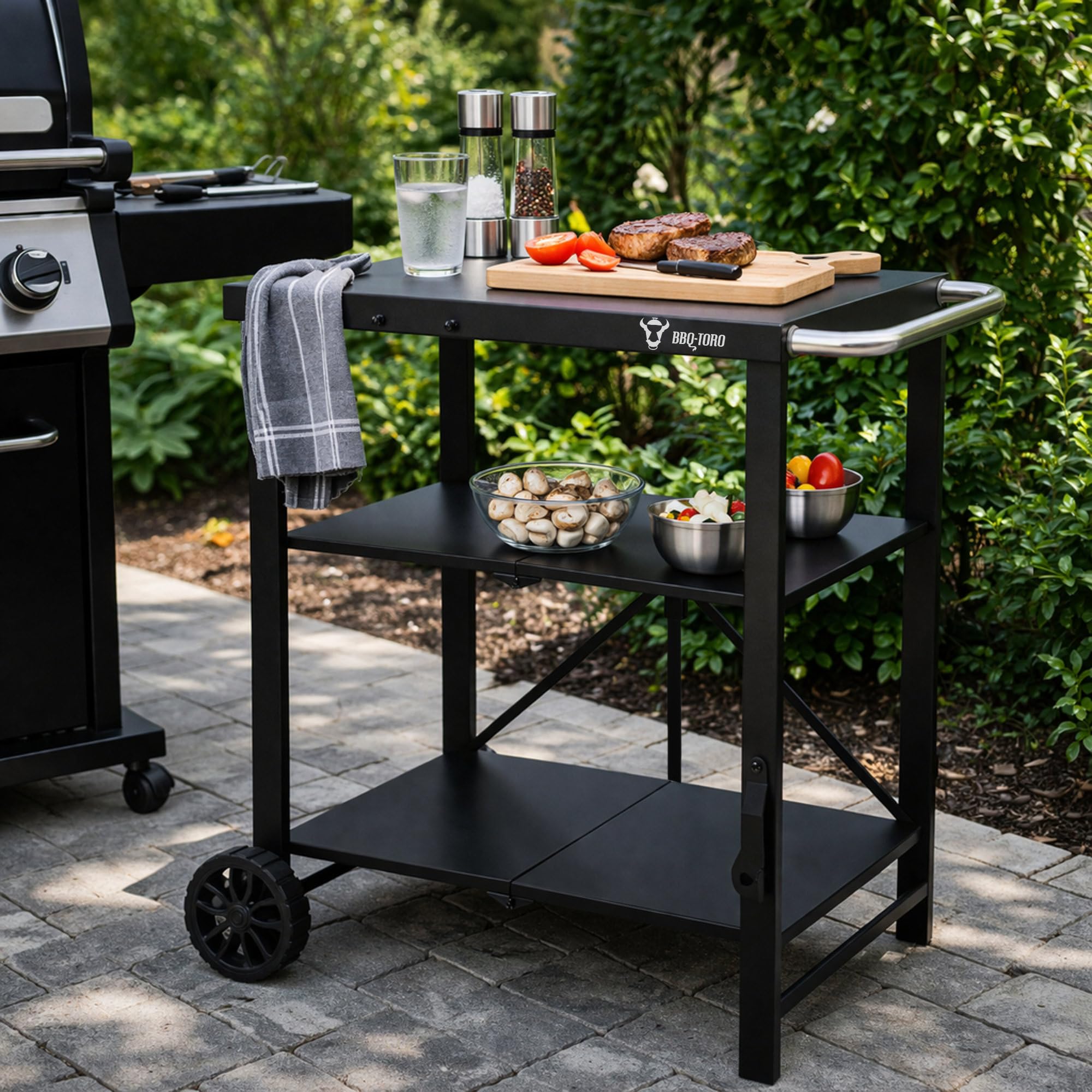 BBQ-Toro Chariot de barbecue pliable 60 x 80 x 82 cm | Noir | Chariot de service, chariot de table, table de barbecue pour barbecue à gaz | Table d'appoint, table de barbecue | Table d'appoint pour