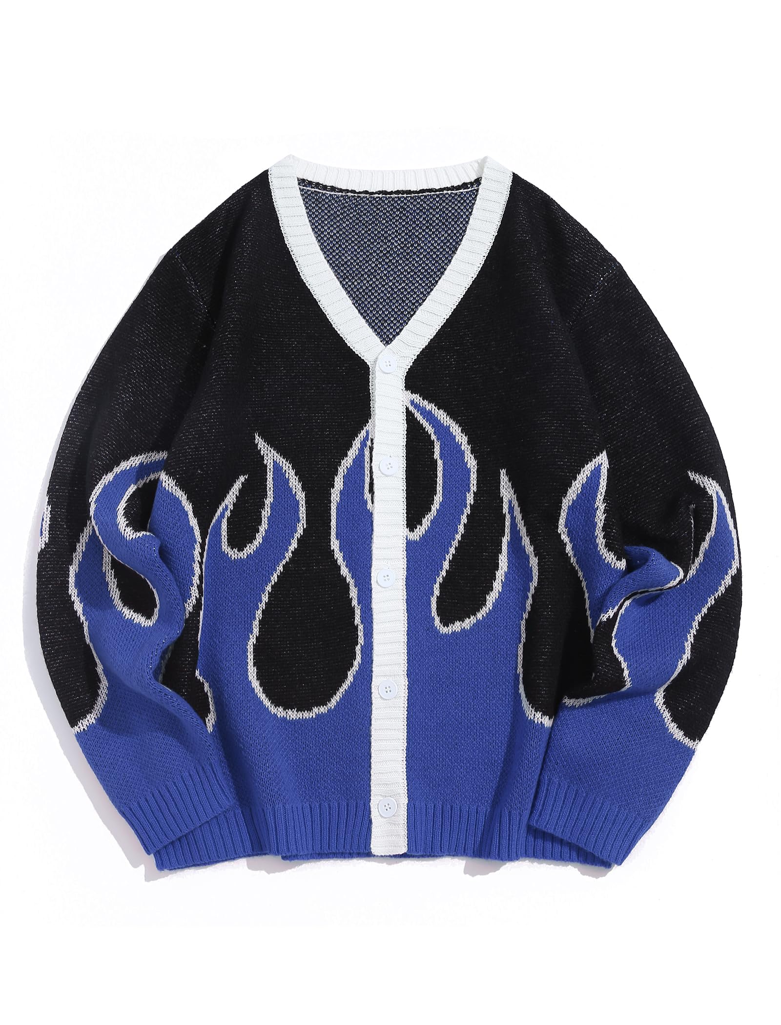 Zaful Mens Flame Vintage Cardigan Sweater Color Block Long Sleeve