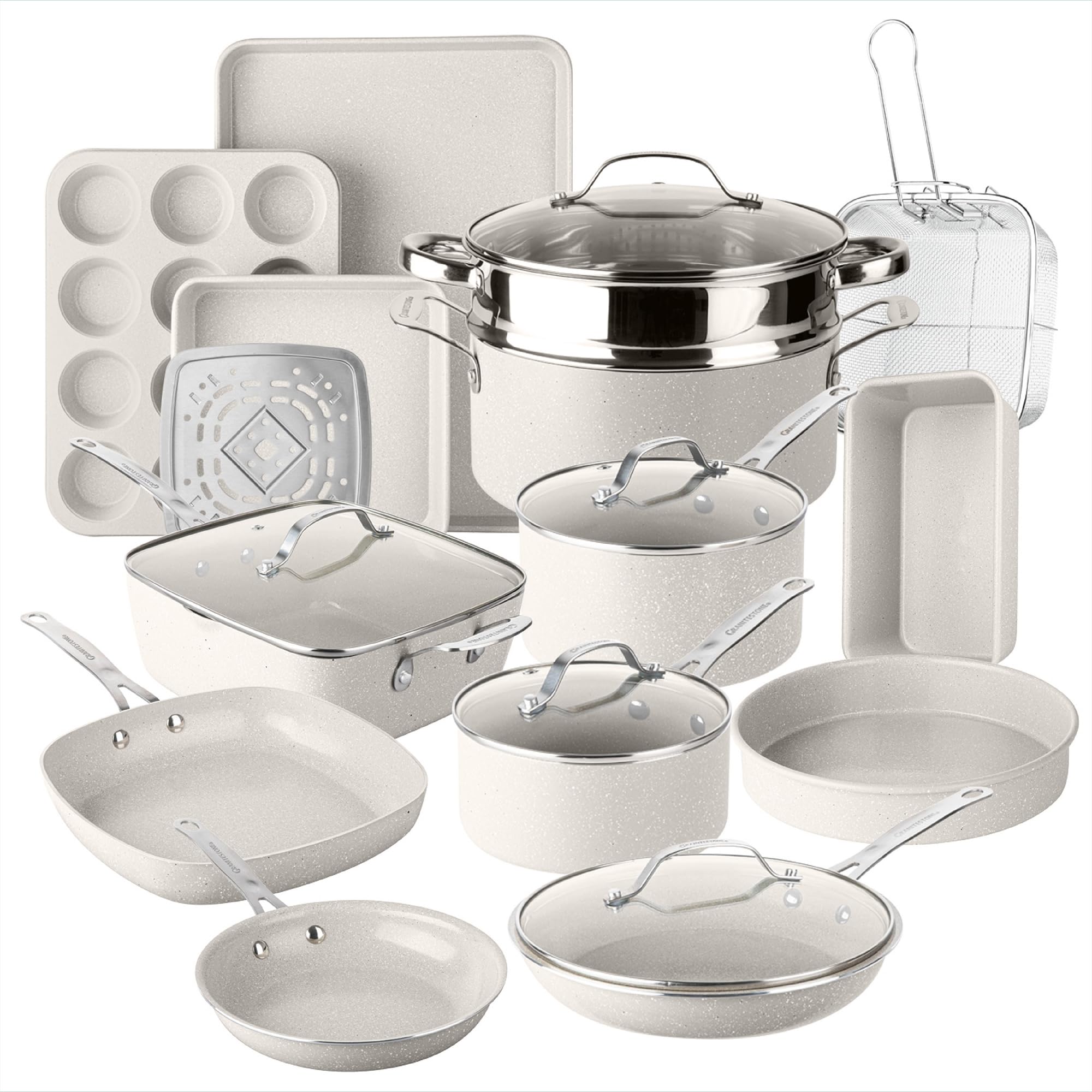 Granitestone Ceraluxe 20 Pc Ceramic Cookware Set Nonstick, Complete Pots and Pans Set Non Stick with 5 Pc Bakeware Set, Deep Frying Pan Set, & Steamer, Non Toxic PFOA Free, Oven & Dishwasher Safe