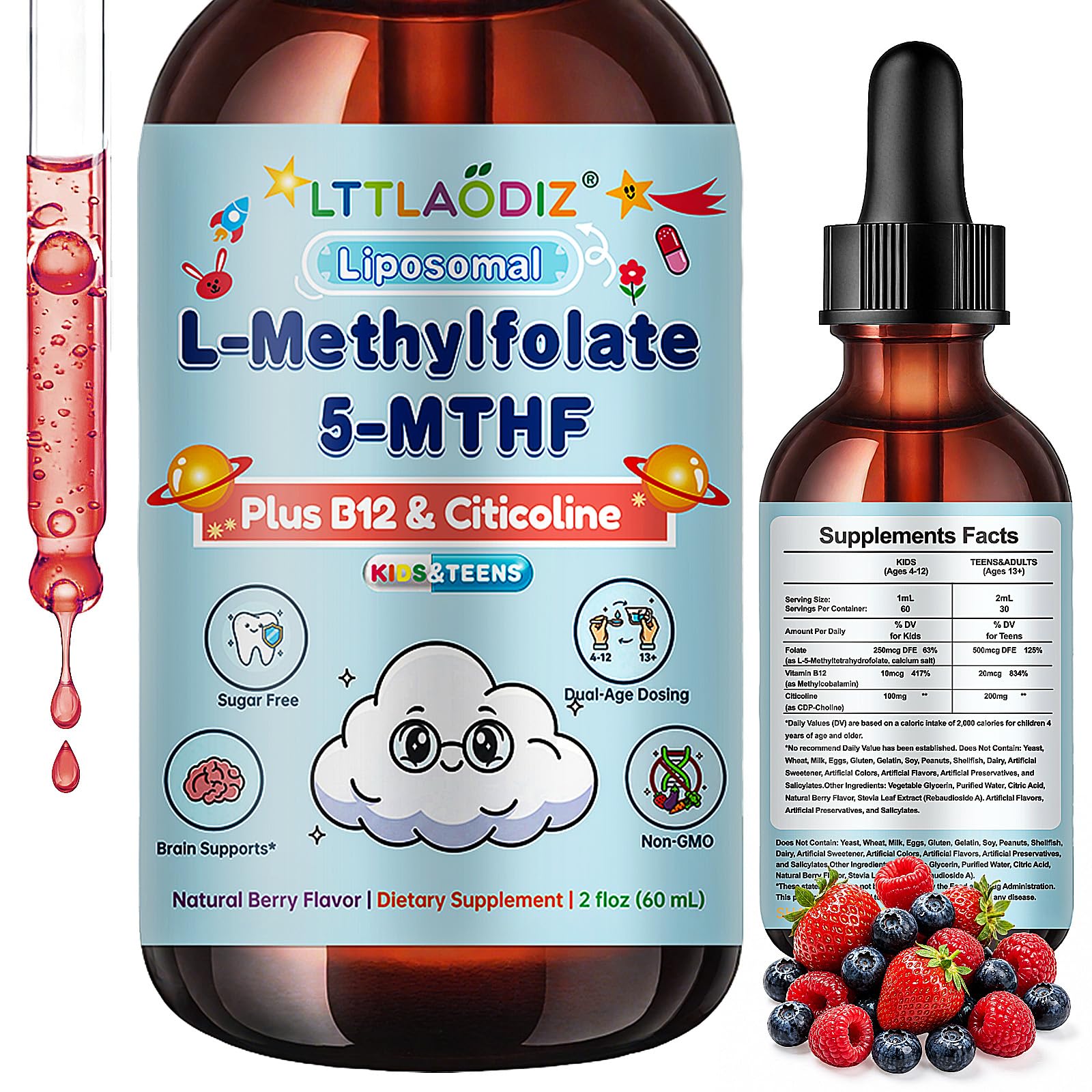 Folinic Acid Drops Kids 4+, L-Methylfolate Supplement, 5-MTHF, Brain, Focus
