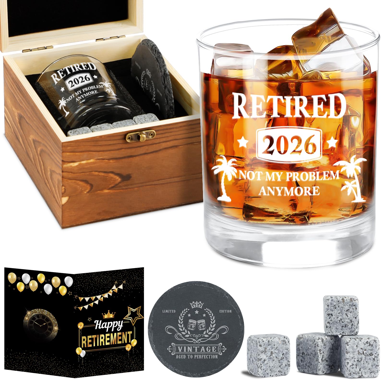 Amosking 2026 Retirement Gifts for Men, 2026 Retired Whiskey Glass Set | Happy Retirement Gifts for Him, Dad, Friends, Happy Retire Anniversary Card, Wood Box, Coaster, Whiskey Stones-picture-27