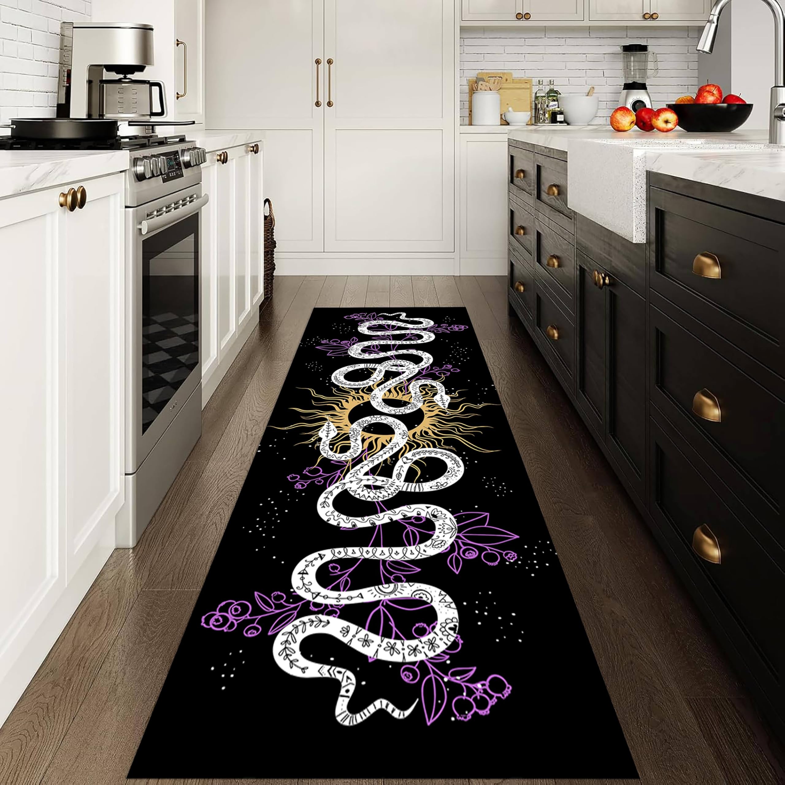 Houient Gothic Snake Design Rug, 60x150cm, Modern Creepy Purple Floral Plant Bohemian Snakes Sun Witchcraft Runner Rug, Lightweight Breathable Black Hallway Carpets for Bathroom Foyer