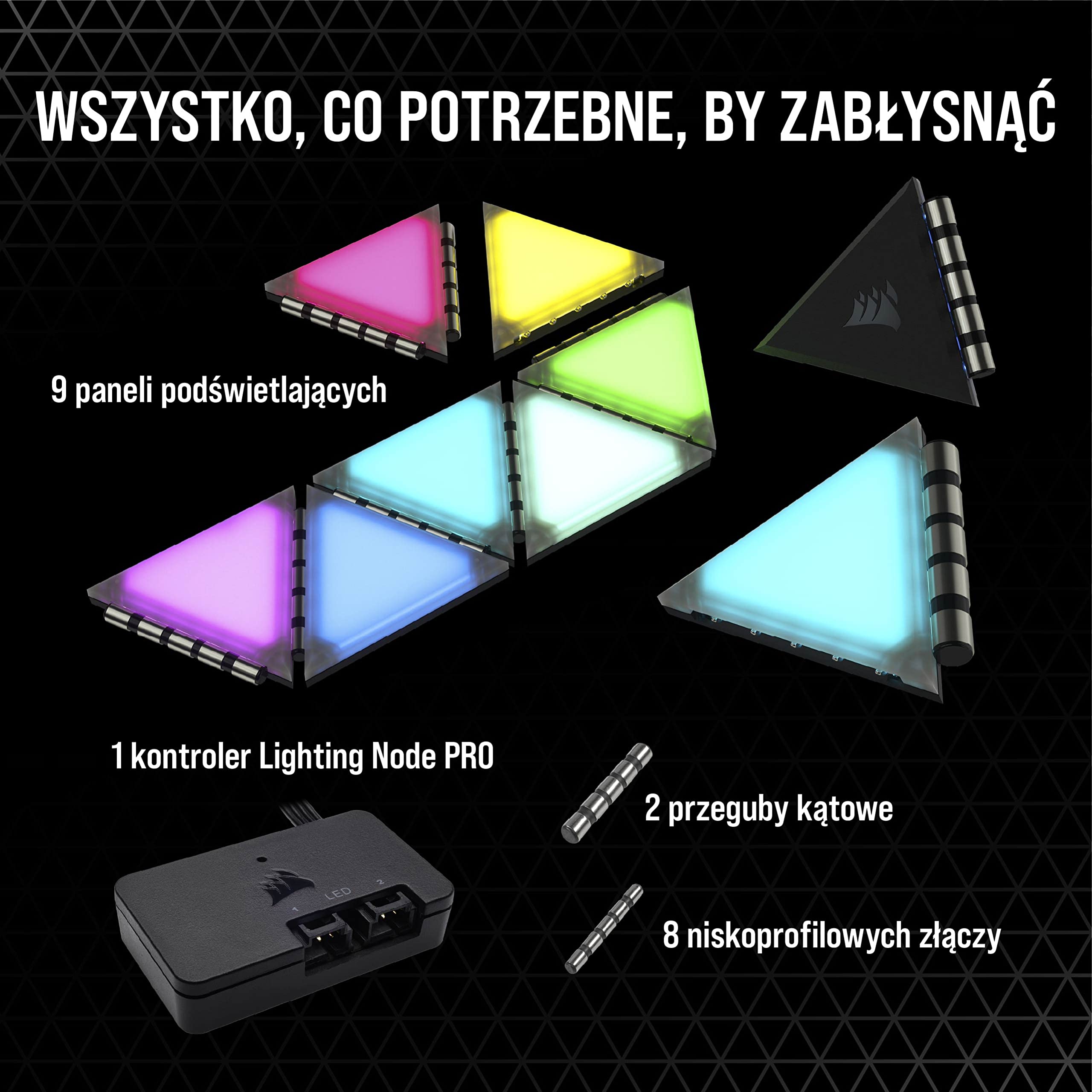 Corsair iCUE LC100 – Panele podświetlające na obudowę – minitrójkąt – zestaw startowy z 9 płytkami (81 diod RGB LED z rozpraszającą światło, CORSAIR iCUE Lighting Node PRO w zestawie) Przejrzysty
