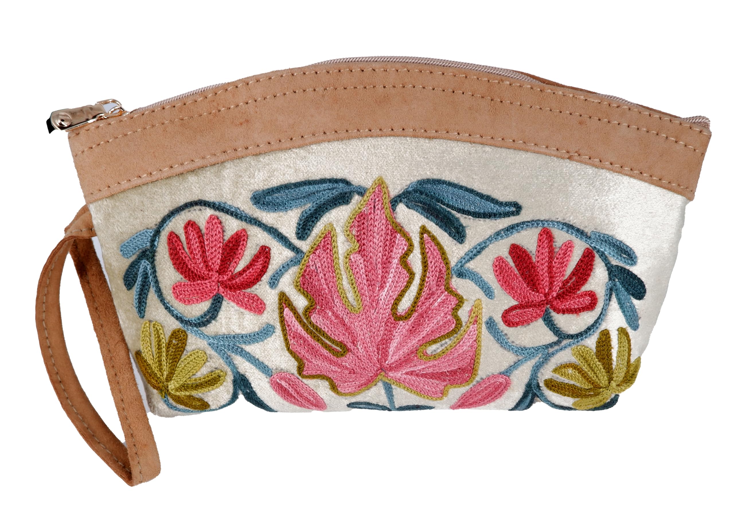 a.peer Floral Embroidered Wristlet Clutch, Cream and Tan Suede with Pink and Blue Botanical Design-picture-10