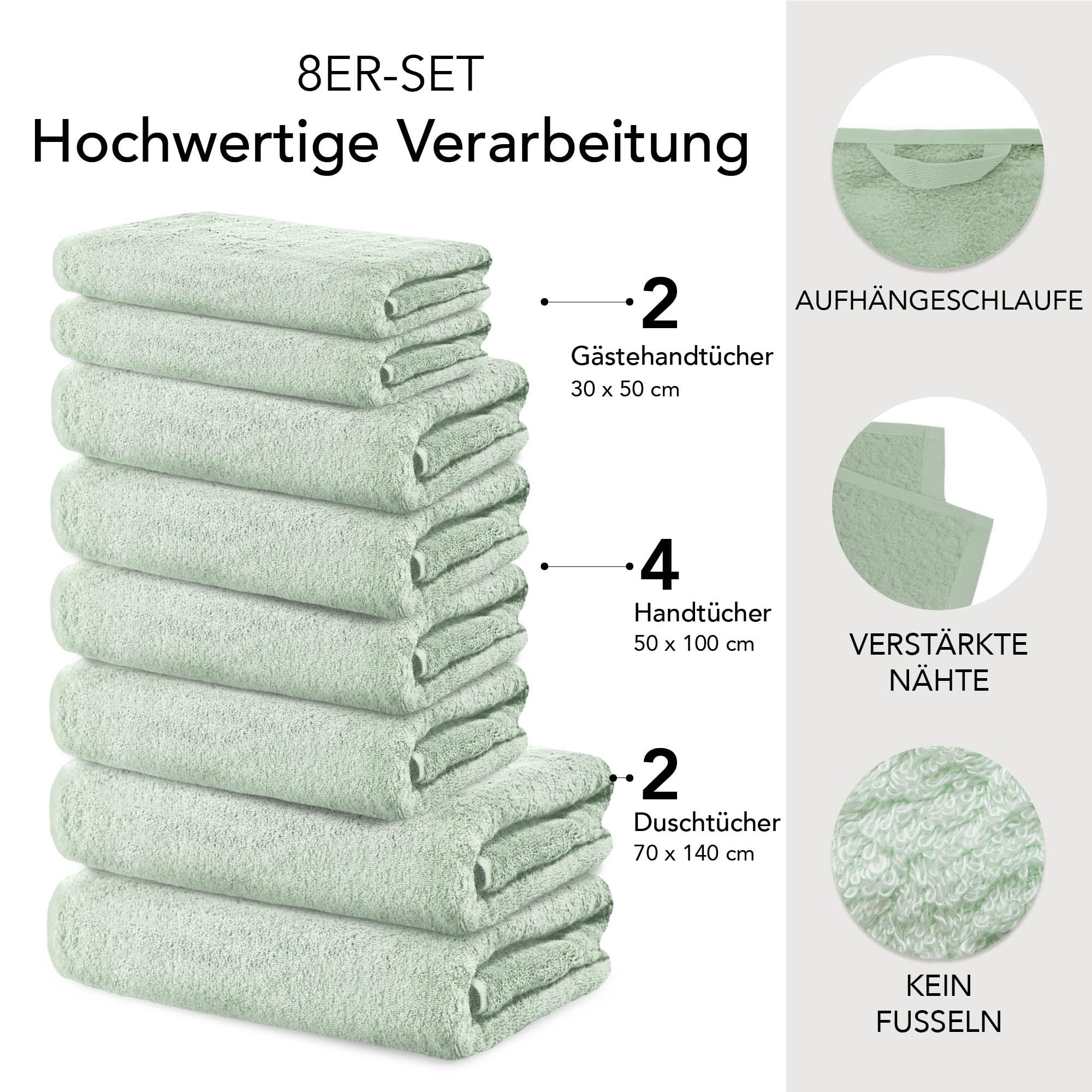 Ôhm Badezimmer Set 8-teilig, Salbei – 100% Baumwolle 500 g/m² – Handtuchset Oeko-Tex Zertifiziert