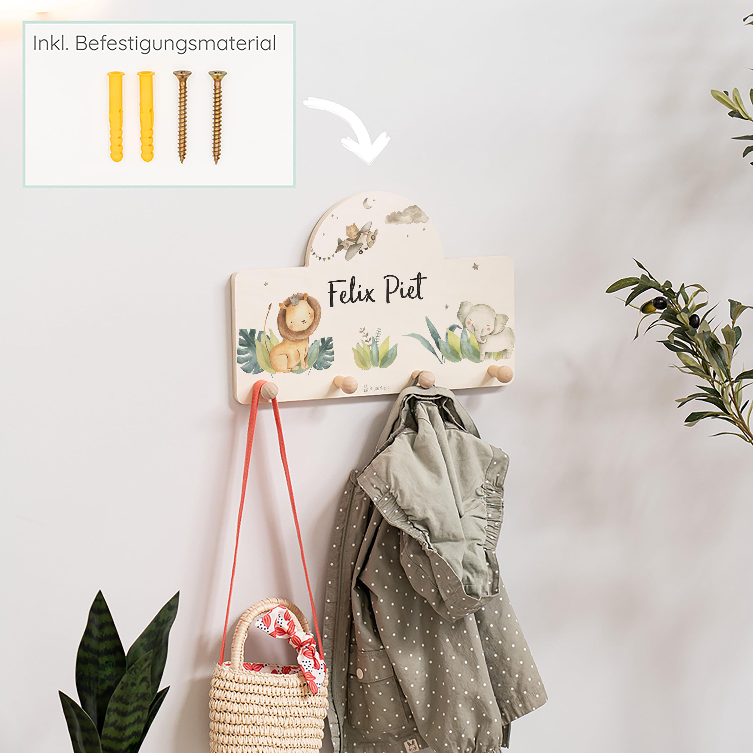 Geschenkfreude Personalsierte Kindergarderobe mit Namen aus Holz - Kinder Garderoben Löwe einzigartige Kinderzimmer Deko - individuelle Wandgarderobe - Baby Garderobe - Kleiderhaken
