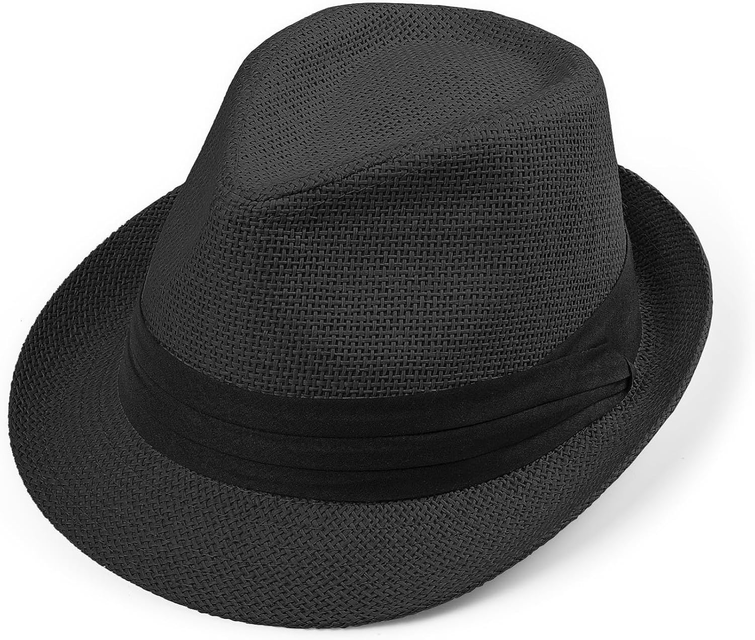 XIUNYIE Straw Trilby Fedora Hat for Men Women 1920s Panama Hat Short Brim Summer Beach Sun Hat, Black, M