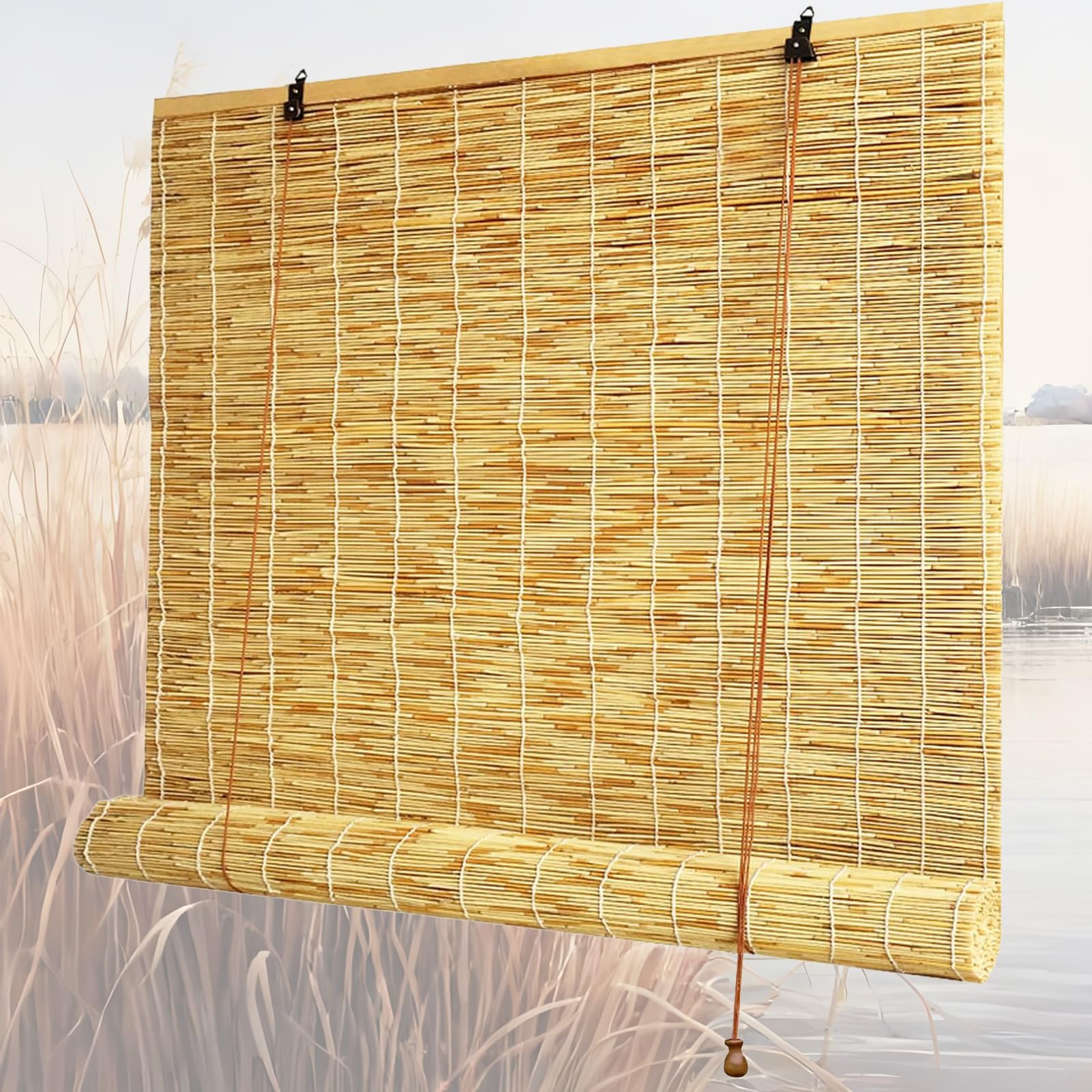Interior Reed Roller Blinds Roman Blind for Bathroom Kitchen Window 90 100 120 145 165 Cm Wide Sunshade Natural Bamboo Shades Privacy Protection Retro Bamboo Roll Up Curtains With Lifter