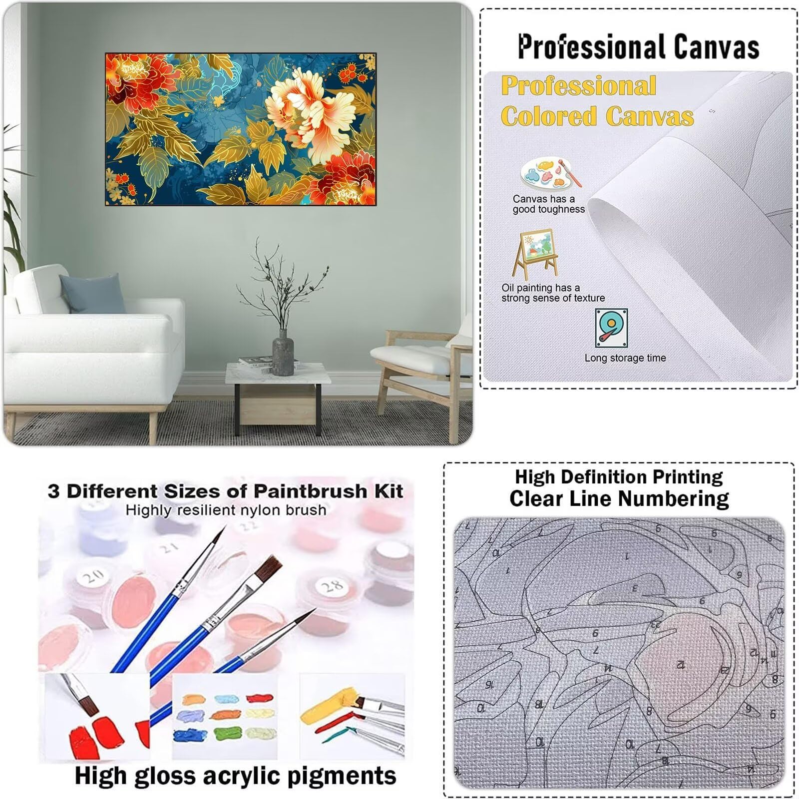 Dipingere con i Numeri Adulti, Batik Kit di Pittura Acrilica Fai-da-Te per Adulti Principianti, 160x90cm Paint by Numbers Adulti/Bambini con Pennelli Pittura a Pigmento Acrilico, Senza Cornice (Fiore)