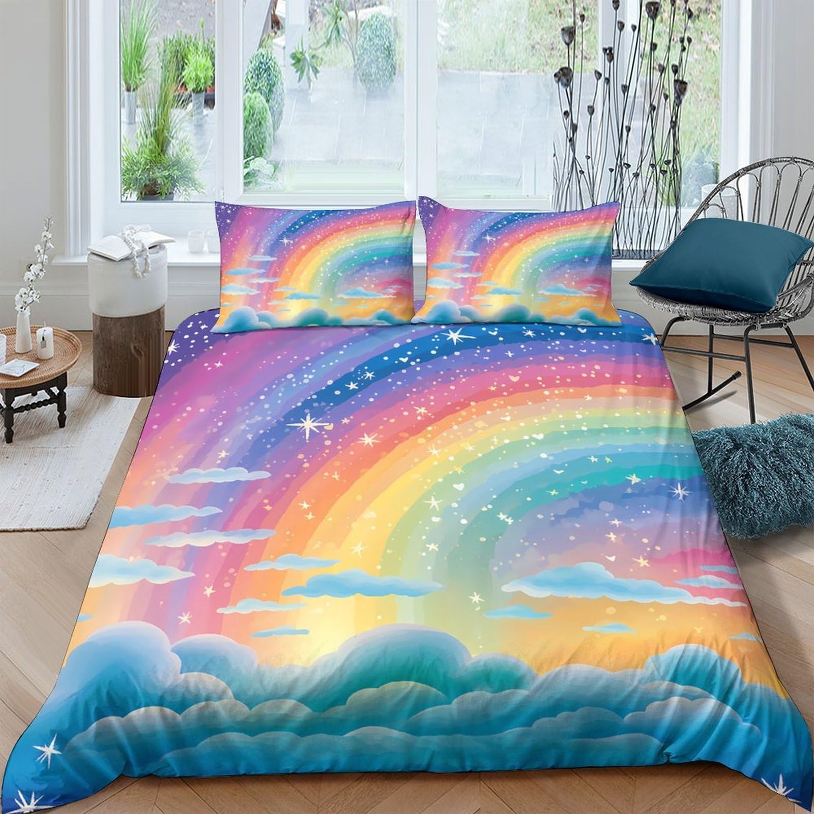 Ctjqhvkz Style-7 3D Printed Rainbow Sky Fitted Sheet Microfiber Soft Cloud Bed Cover For Bedroom Guest Room Mattress Protection Decor Single（135X200cm）