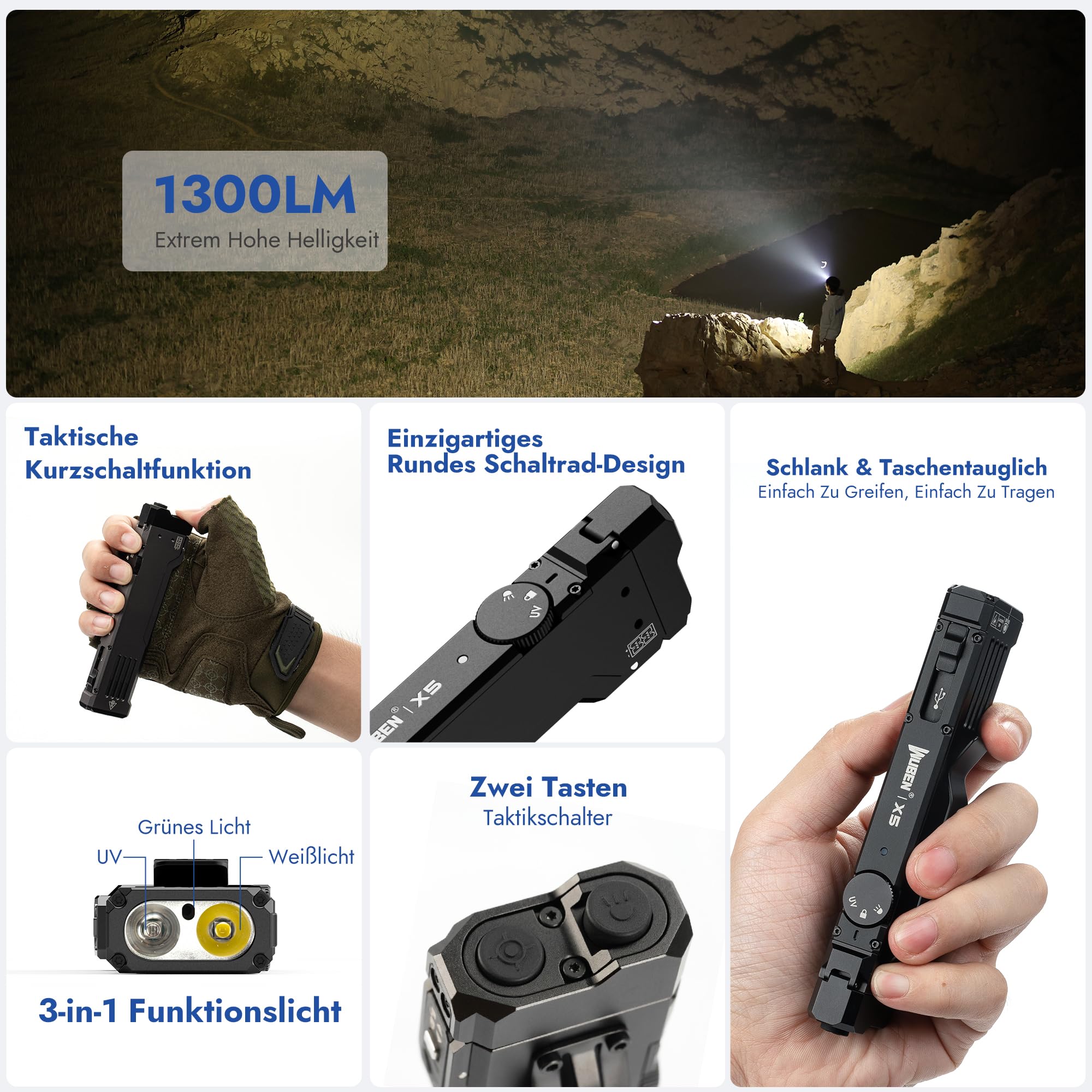 WUBEN X5 Torcia LED Ricaricabile Potente Professionale, 1300 Lumen 3 in 1 a 6 Modalità con Raggio Verde e UV Luce Nera, USB C Torcia Tattica Impermeabile IP65 per Campeggio, Esterno e Lavoro(Grigio) | Luce UV e luce verde, torcia EDC impermeabile IP65, to
