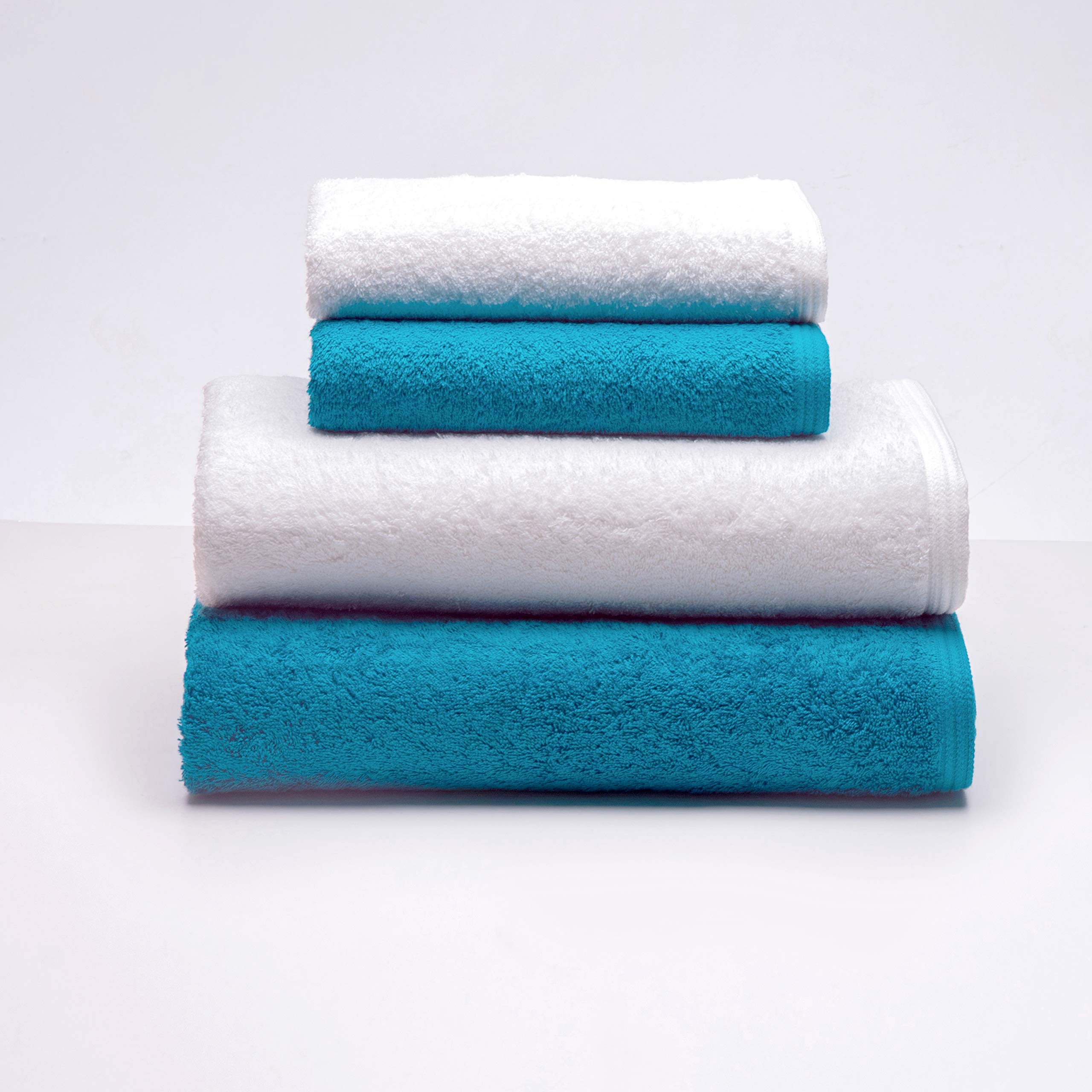 Sancarlos - Juego de 4 Toallas Ocean Duo, 2 de Lavabo y 2 de Baño, Color Blanco y Esmeralda, 100% Algodón, 550gr/m2