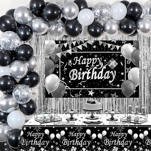 Decoraciones de cumpleaños plateadas y negras para hombres y mujeres, decoraciones de feliz cumpleaños para niños y niñas, decoración de fiesta,